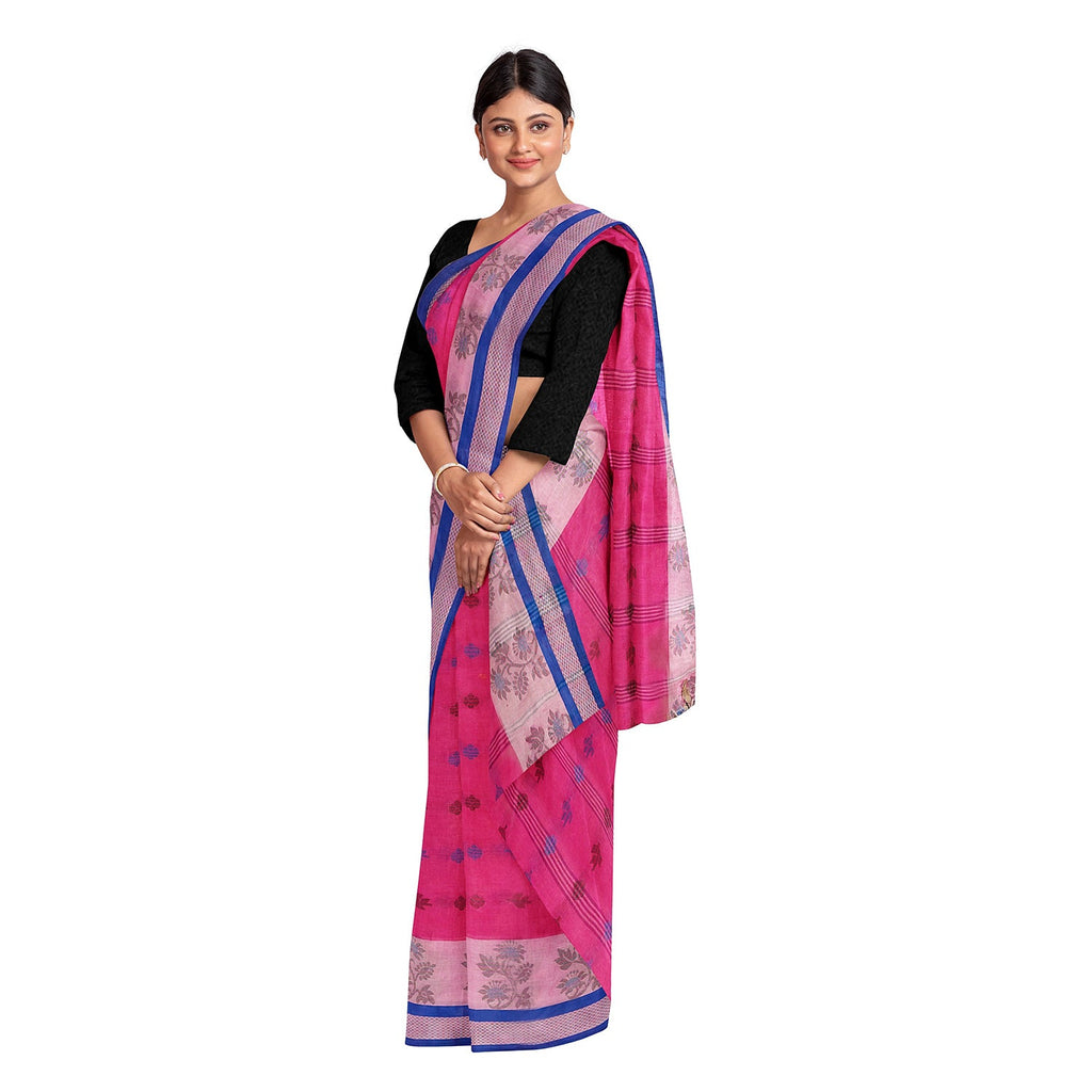 Exclusive Collection 100% Pure Cotton Magenta Tant Saree With Hand Weaving Work