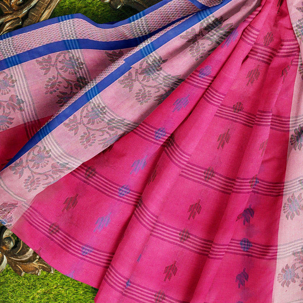 Exclusive Collection 100% Pure Cotton Magenta Tant Saree With Hand Weaving Work