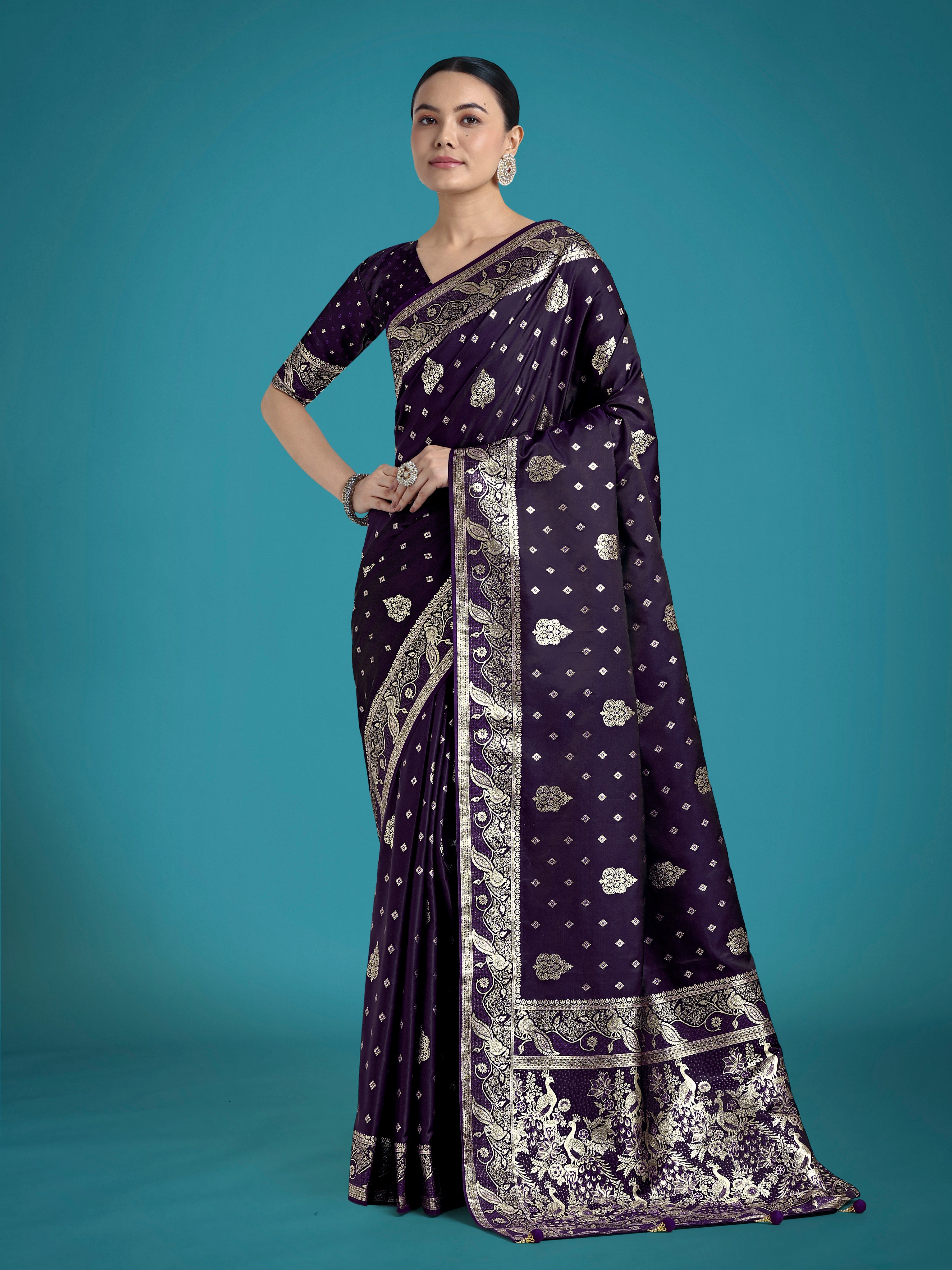 Monjolika Fashion Traditional Purple Woven Banarasi Satin Silk Saree