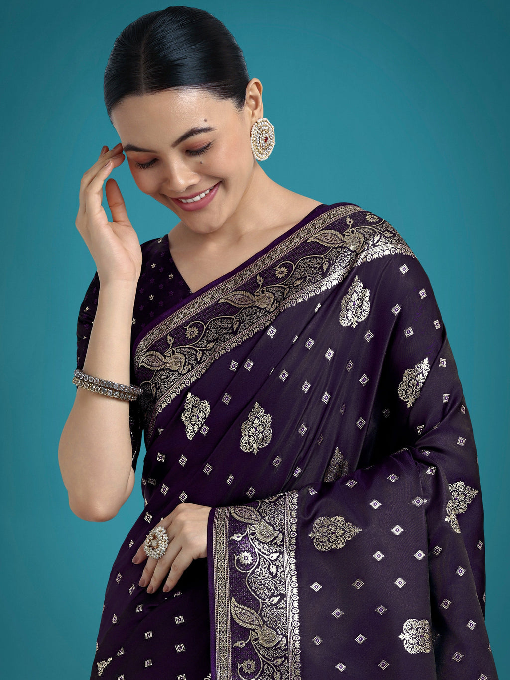 Monjolika Fashion Traditional Purple Woven Banarasi Satin Silk Saree