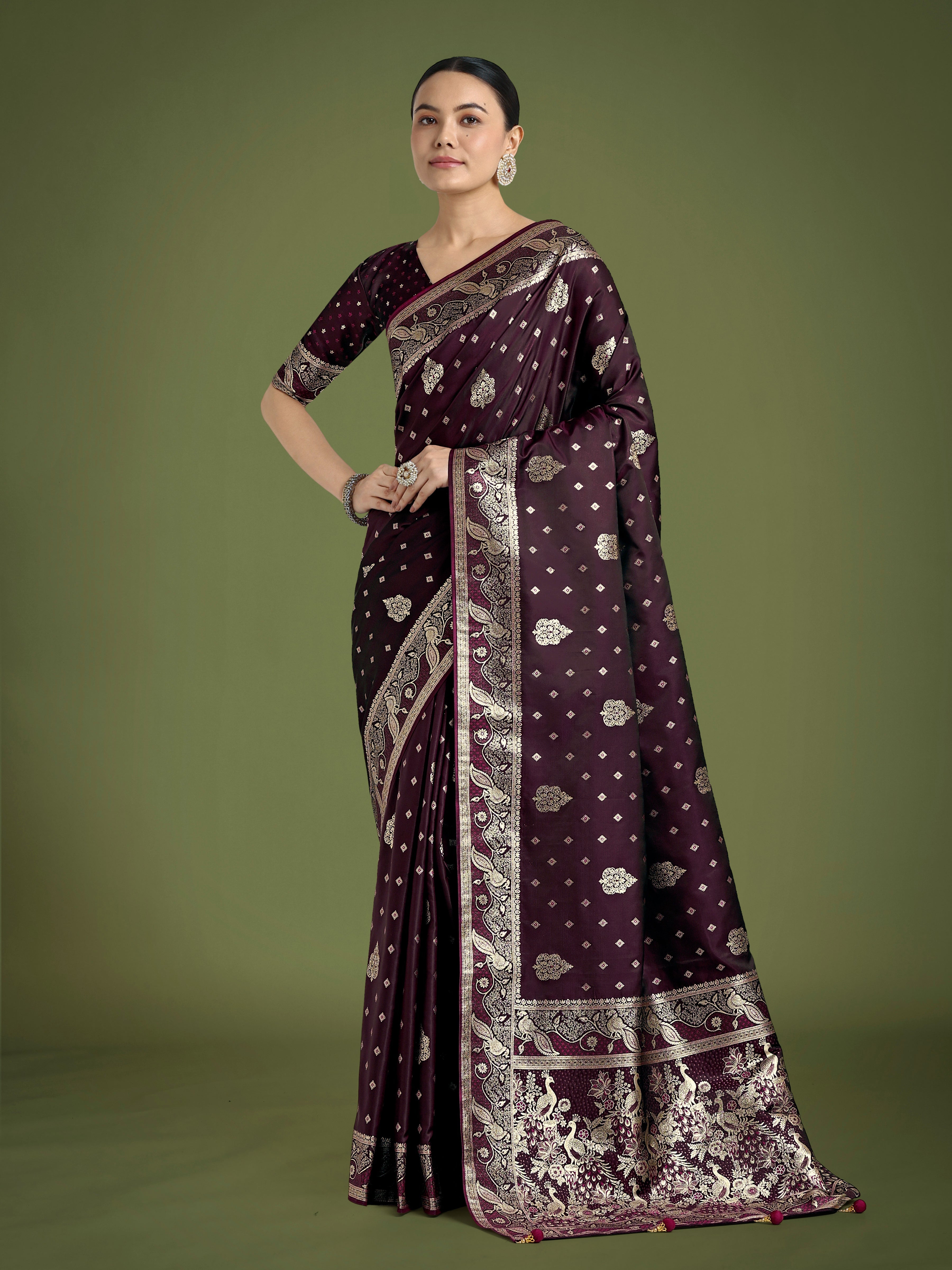 Monjolika Fashion Traditional Wine Woven Banarasi Satin Silk Saree