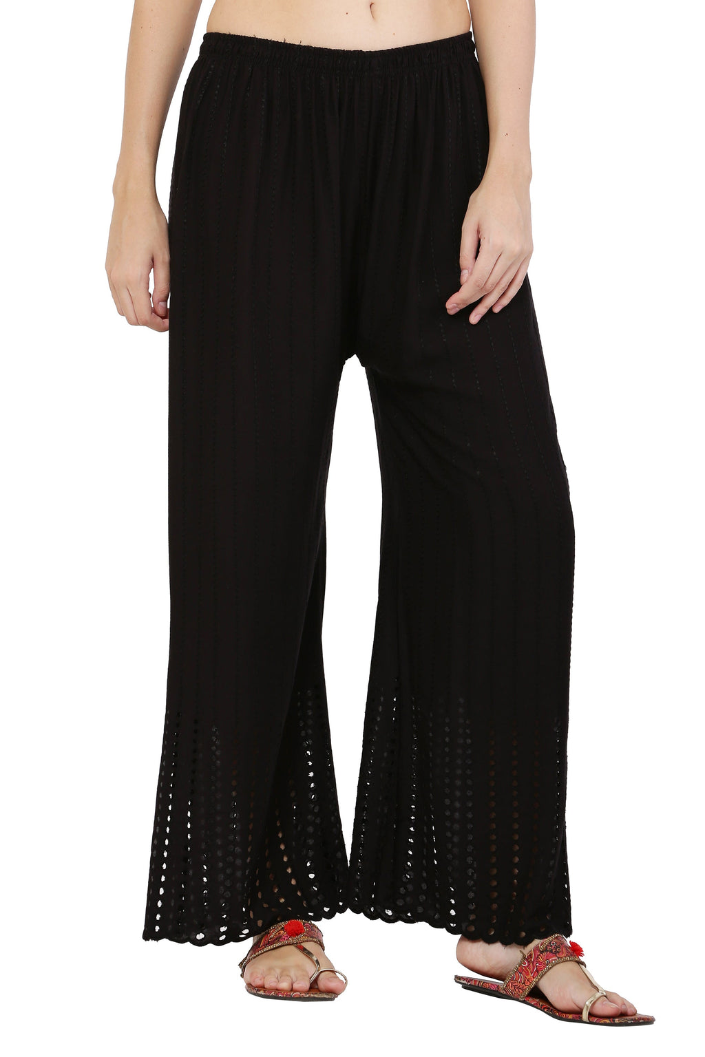 PAVONINE Black Color Goti Aari Work Rayon Fabric Palazzo For Women