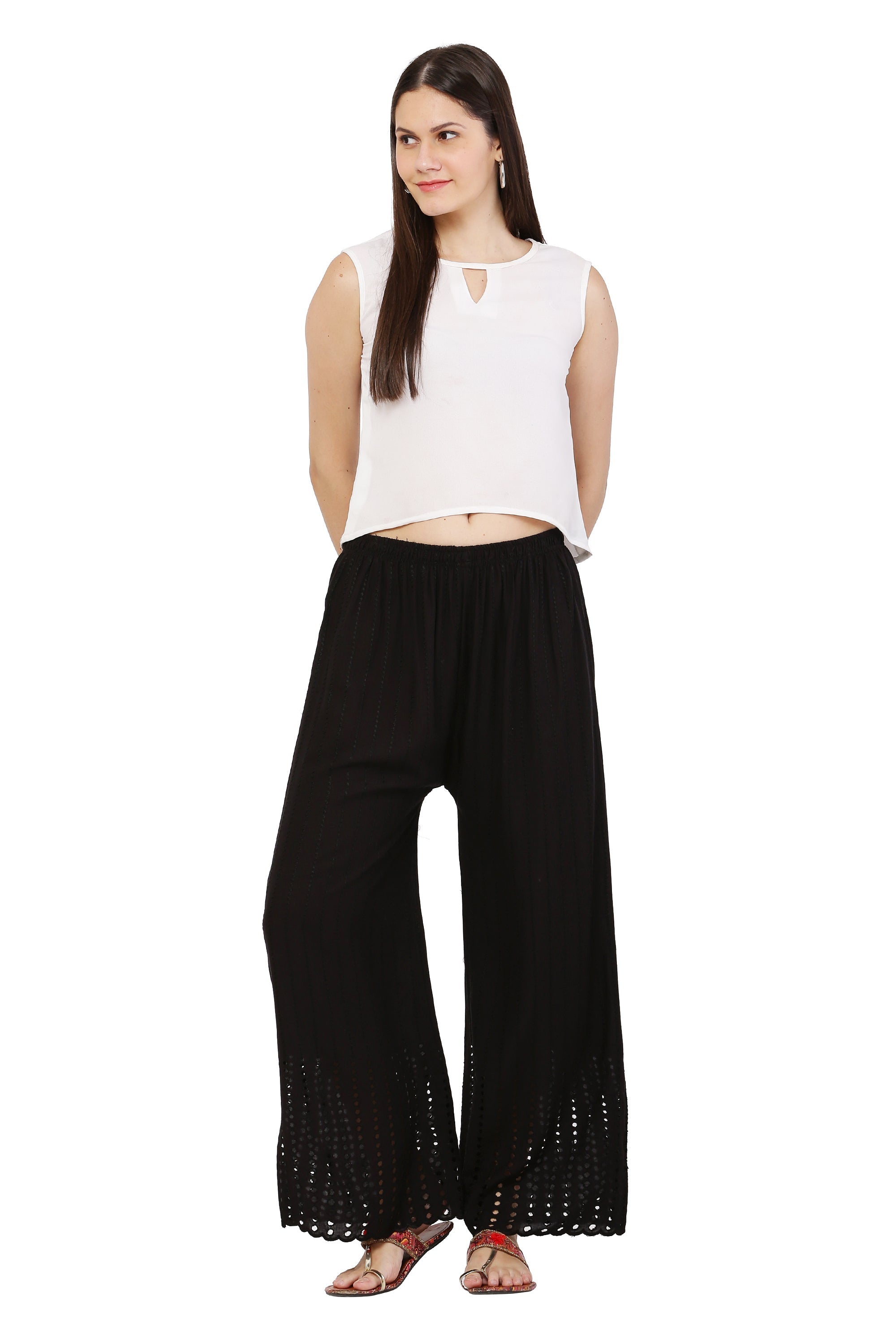 PAVONINE Black Color Goti Aari Work Rayon Fabric Palazzo For Women