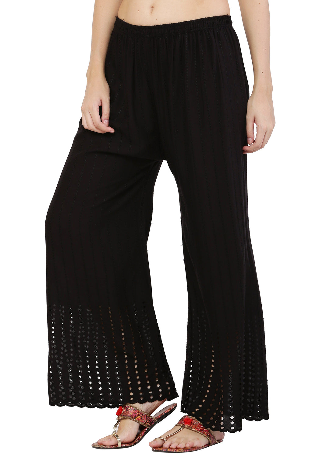 PAVONINE Black Color Goti Aari Work Rayon Fabric Palazzo For Women