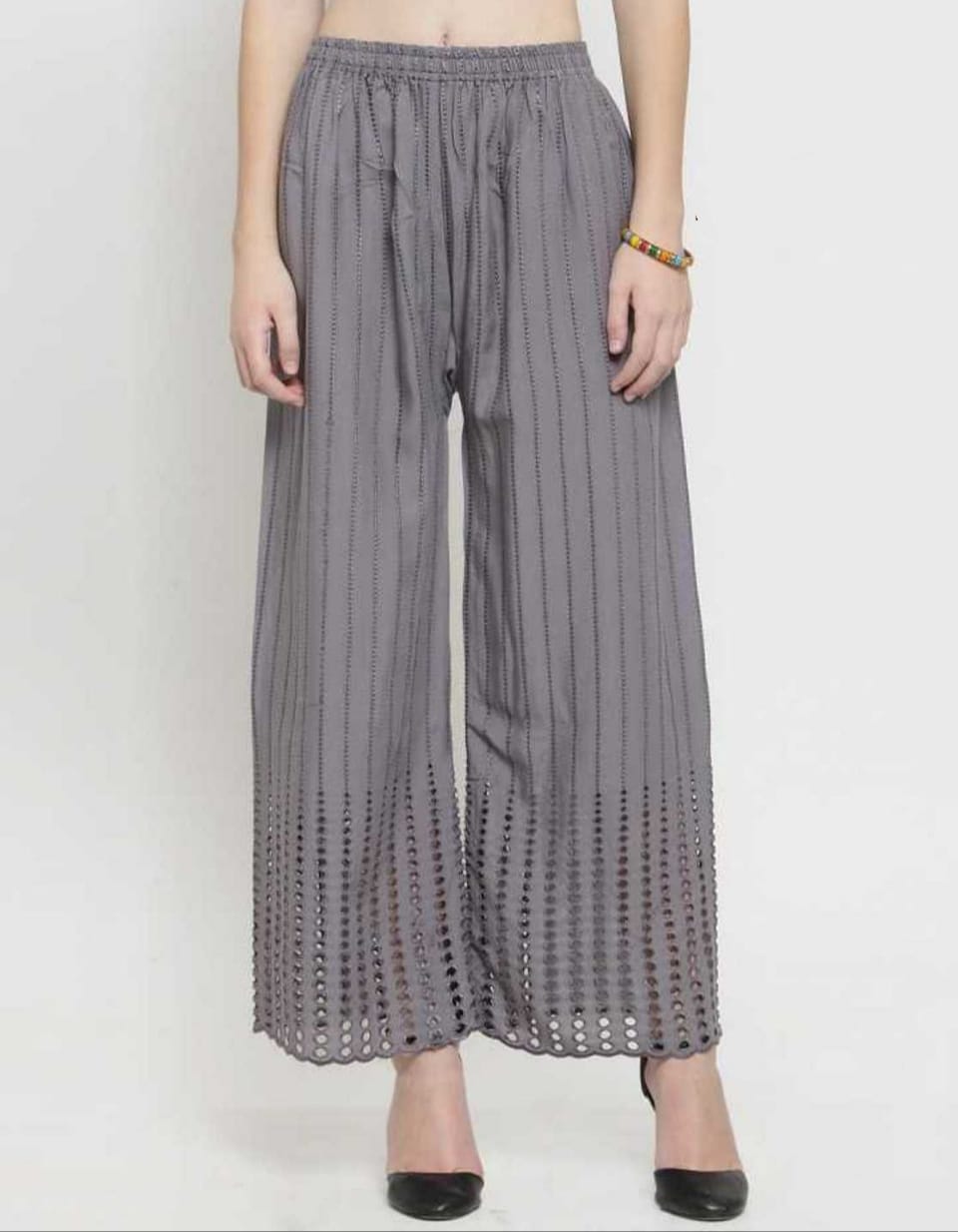 PAVONINE Grey Color Goti Aari Work Rayon Fabric Palazzo For Women