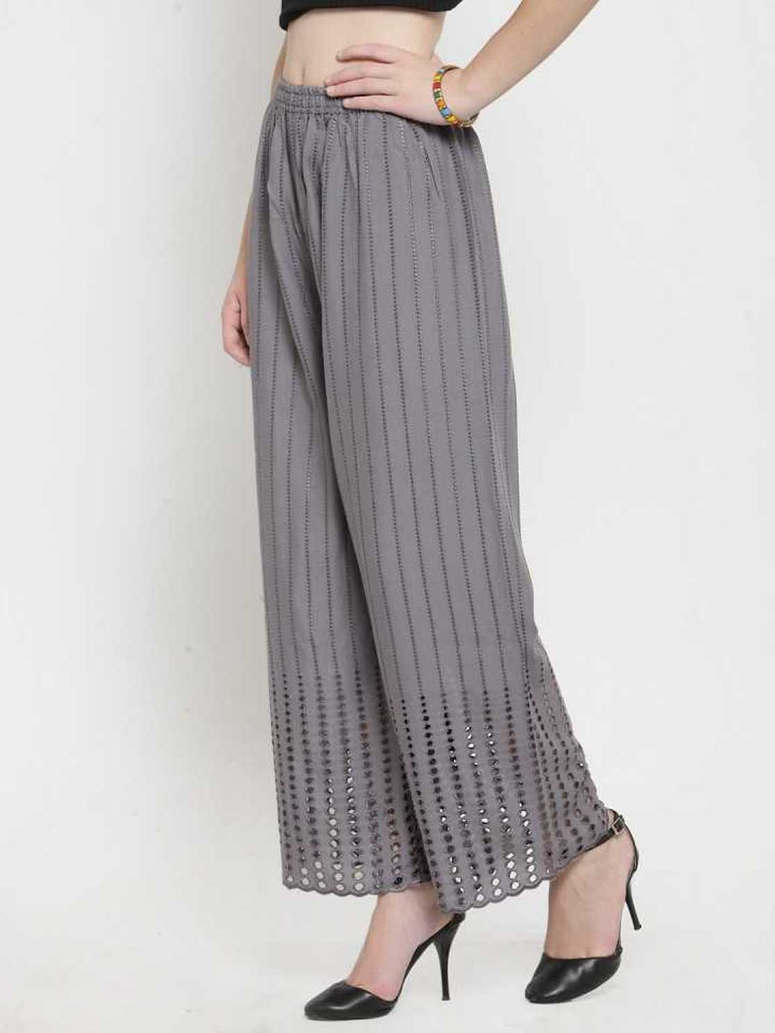 PAVONINE Grey Color Goti Aari Work Rayon Fabric Palazzo For Women