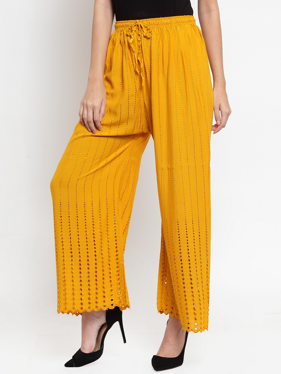 PAVONINE Mustard Color Goti Aari Work Rayon Fabric Palazzo For Women