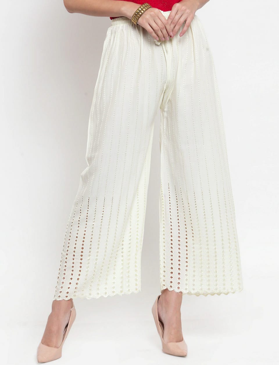 PAVONINE Off-White Color Goti Aari Work Rayon Fabric Palazzo For Women