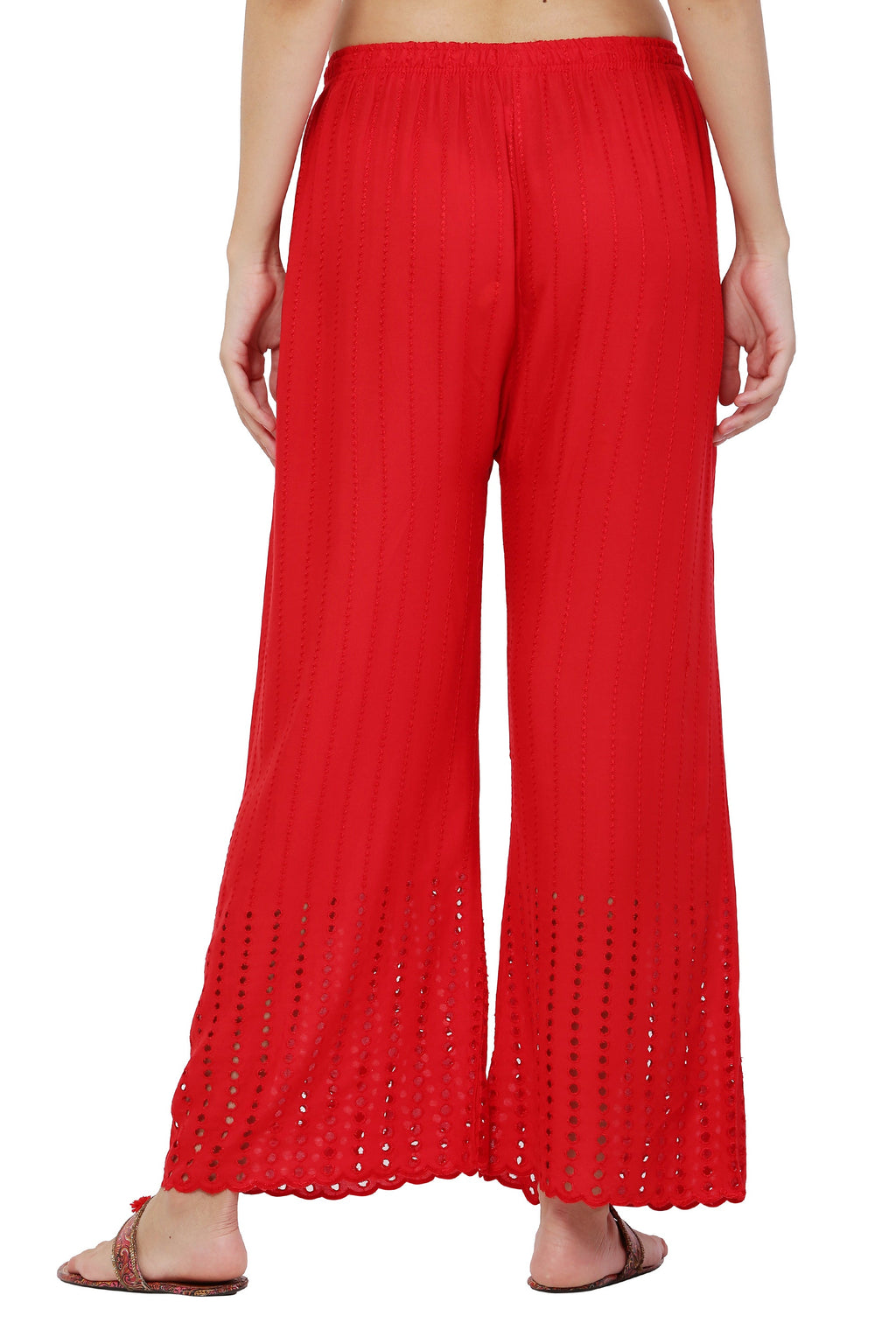 PAVONINE Red Color Goti Aari Work Rayon Fabric Palazzo For Women