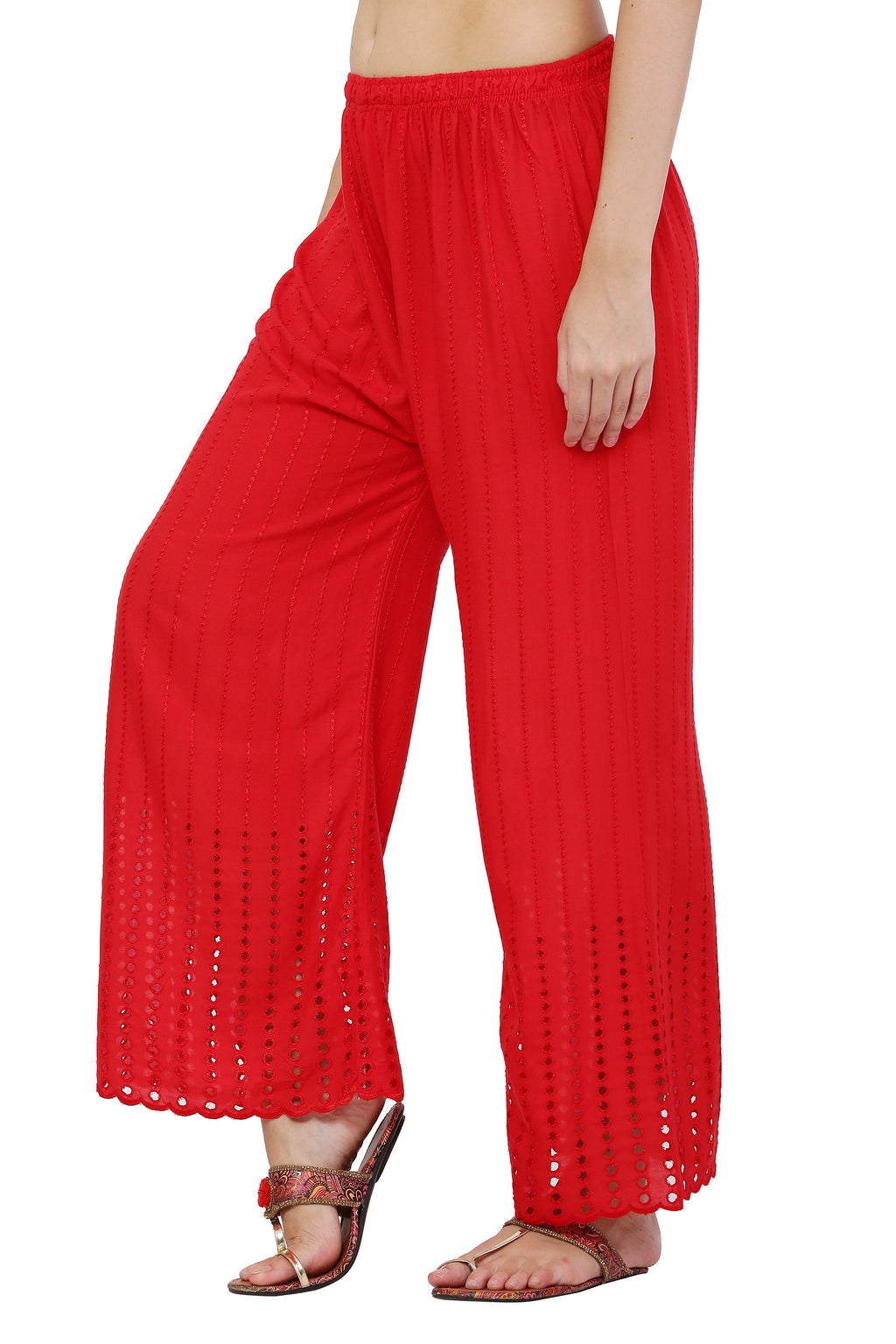 PAVONINE Red Color Goti Aari Work Rayon Fabric Palazzo For Women