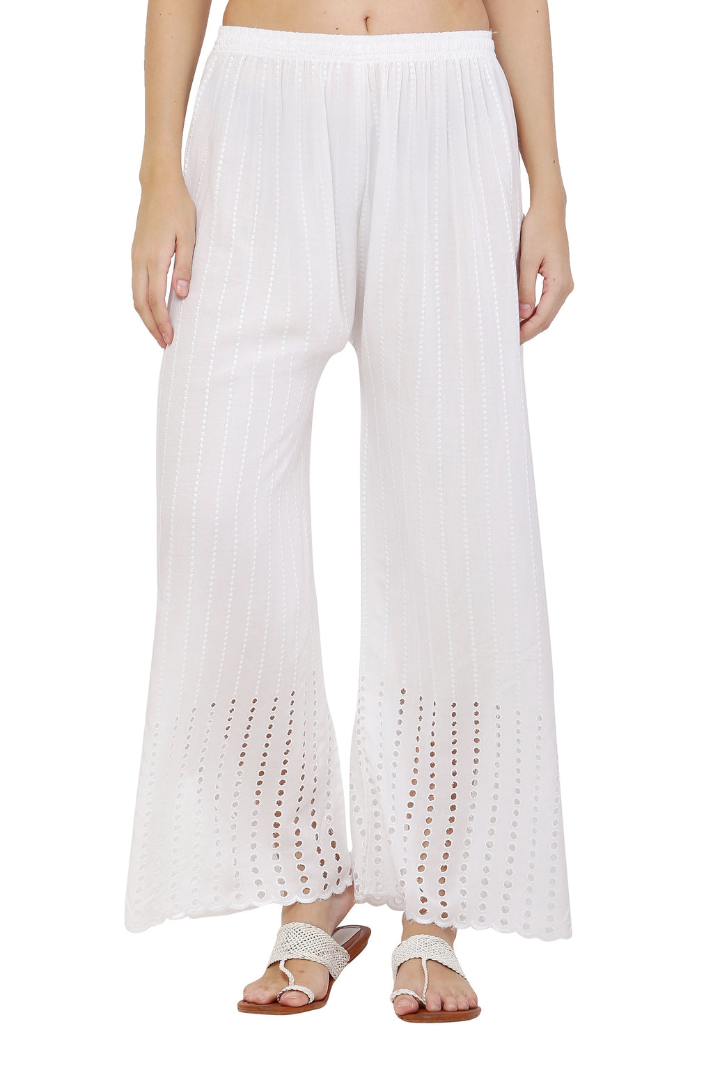 PAVONINE White Color Goti Aari Work Rayon Fabric Palazzo For Women
