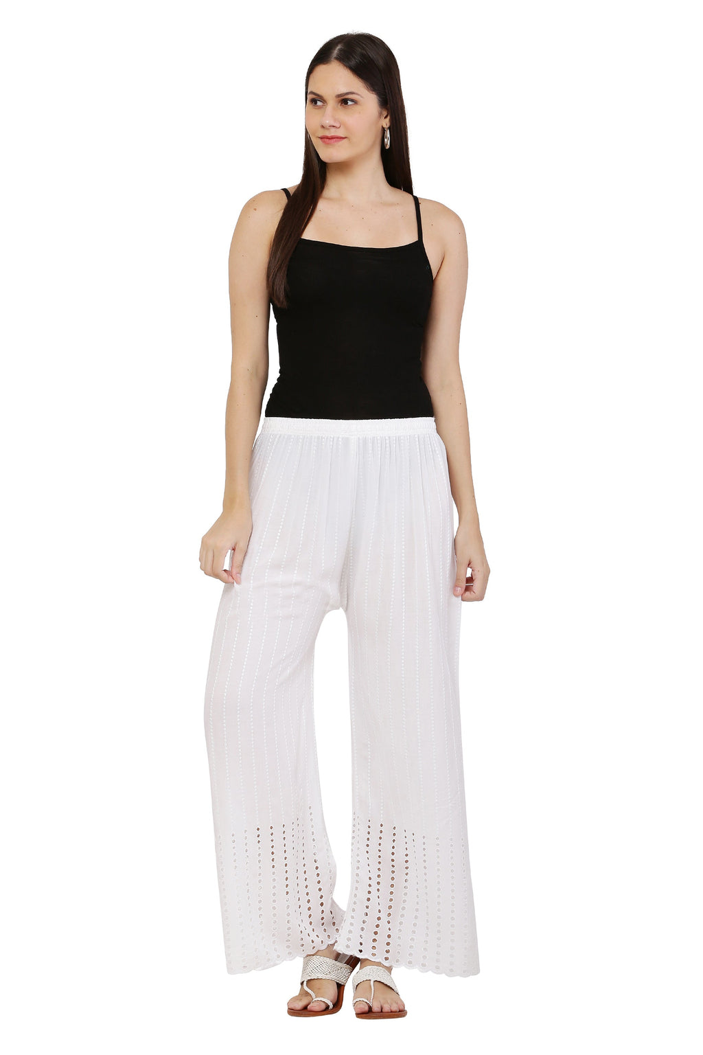 PAVONINE White Color Goti Aari Work Rayon Fabric Palazzo For Women