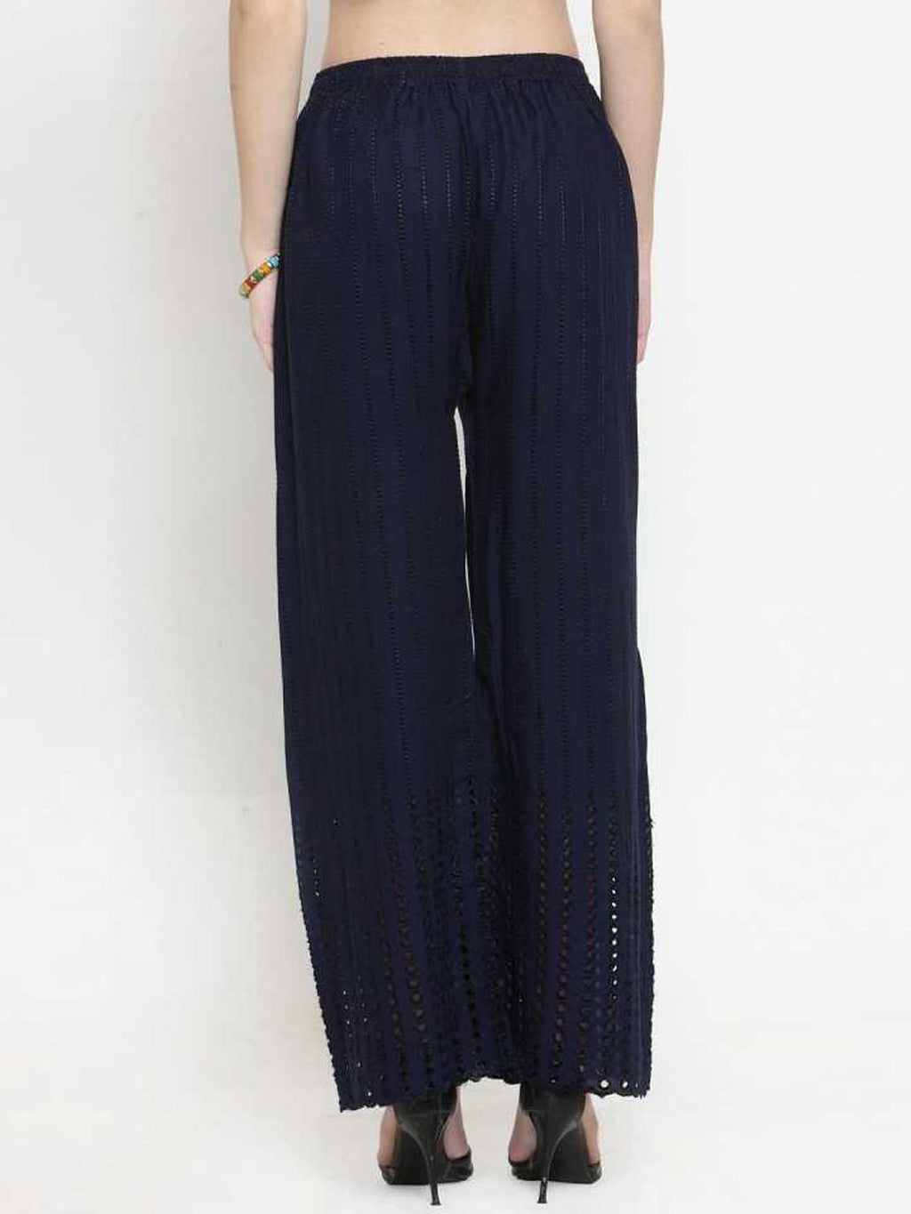 PAVONINE Navy Blue Color Goti Aari Work Rayon Fabric Palazzo For Women