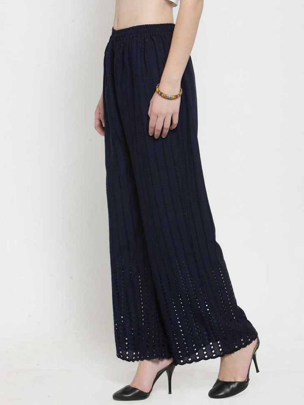 PAVONINE Navy Blue Color Goti Aari Work Rayon Fabric Palazzo For Women
