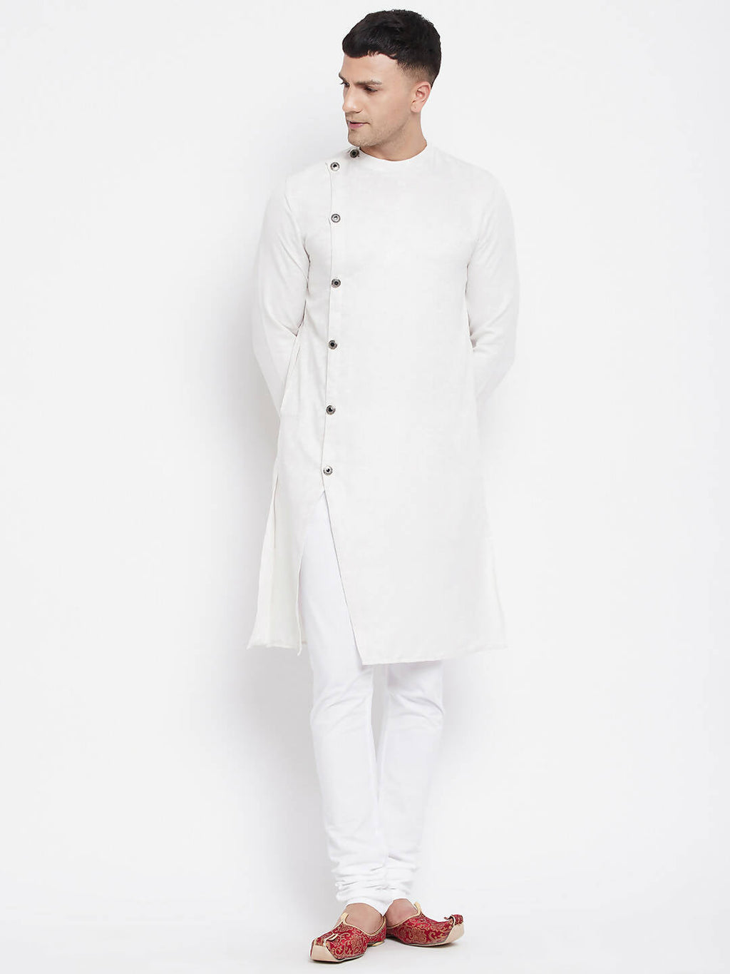 Even Apparels White Rayon Men's Sherwani Kurta With Asymetrical Cut