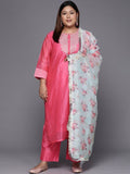 Sztori Plus Size Ethnic Yoke Design Regular Chanderi Silk Kurta & Trousers With Dupatta