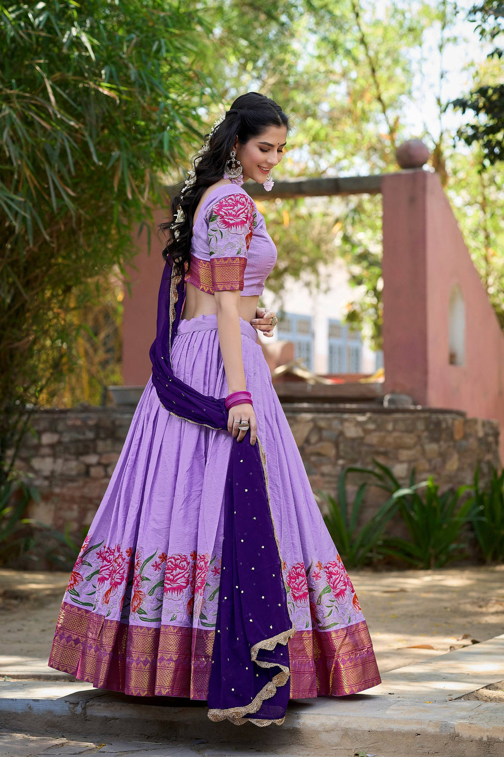Lorenvalley Fashion Lavender Cotton Silk Thread Embroidery Work Lehenga Choli with Dupatta