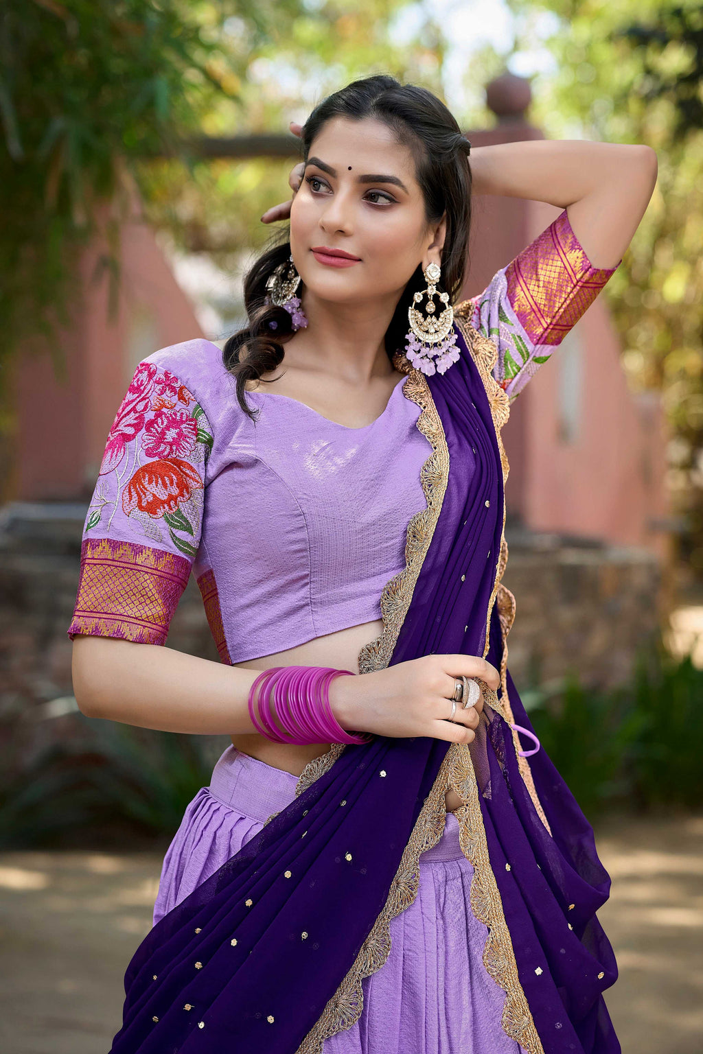 Lorenvalley Fashion Lavender Cotton Silk Thread Embroidery Work Lehenga Choli with Dupatta