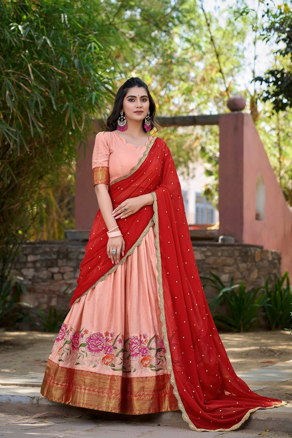 Lorenvalley Fashion Peach Cotton Silk Thread Embroidery Work Lehenga Choli with Dupatta