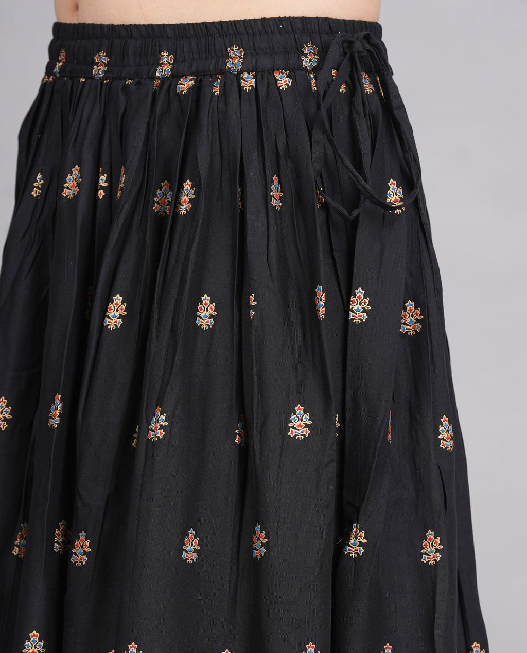 House of RP Women's Black & Golden Rayon Ethnic Printed Circular Skirt