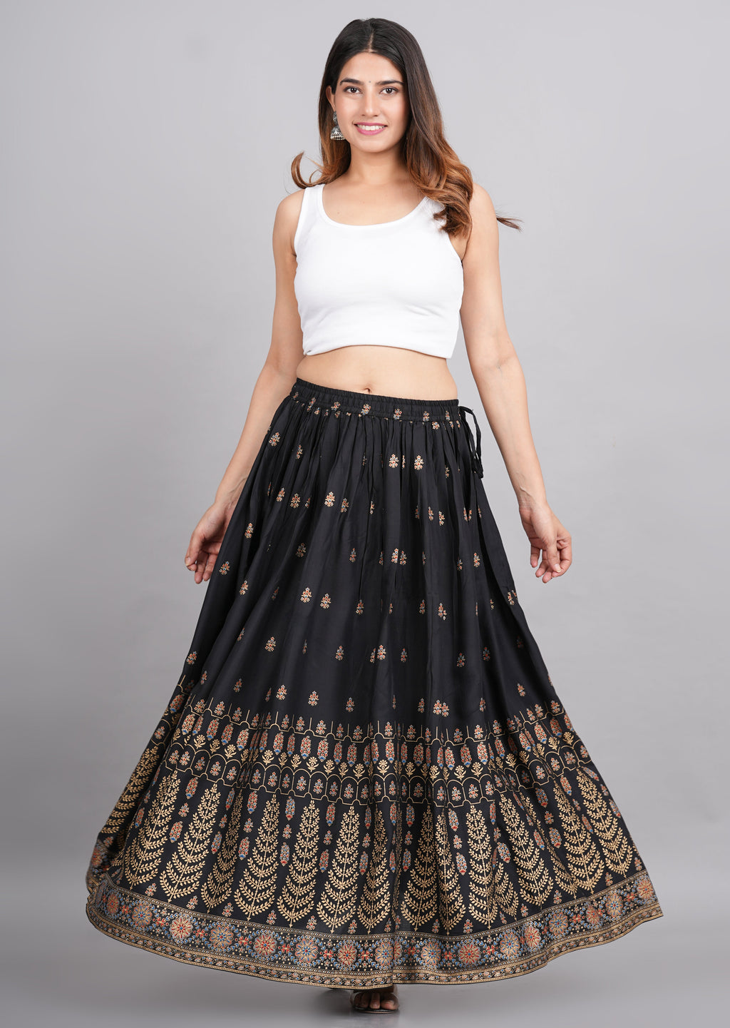 House of RP Women's Black & Golden Rayon Ethnic Printed Circular Skirt