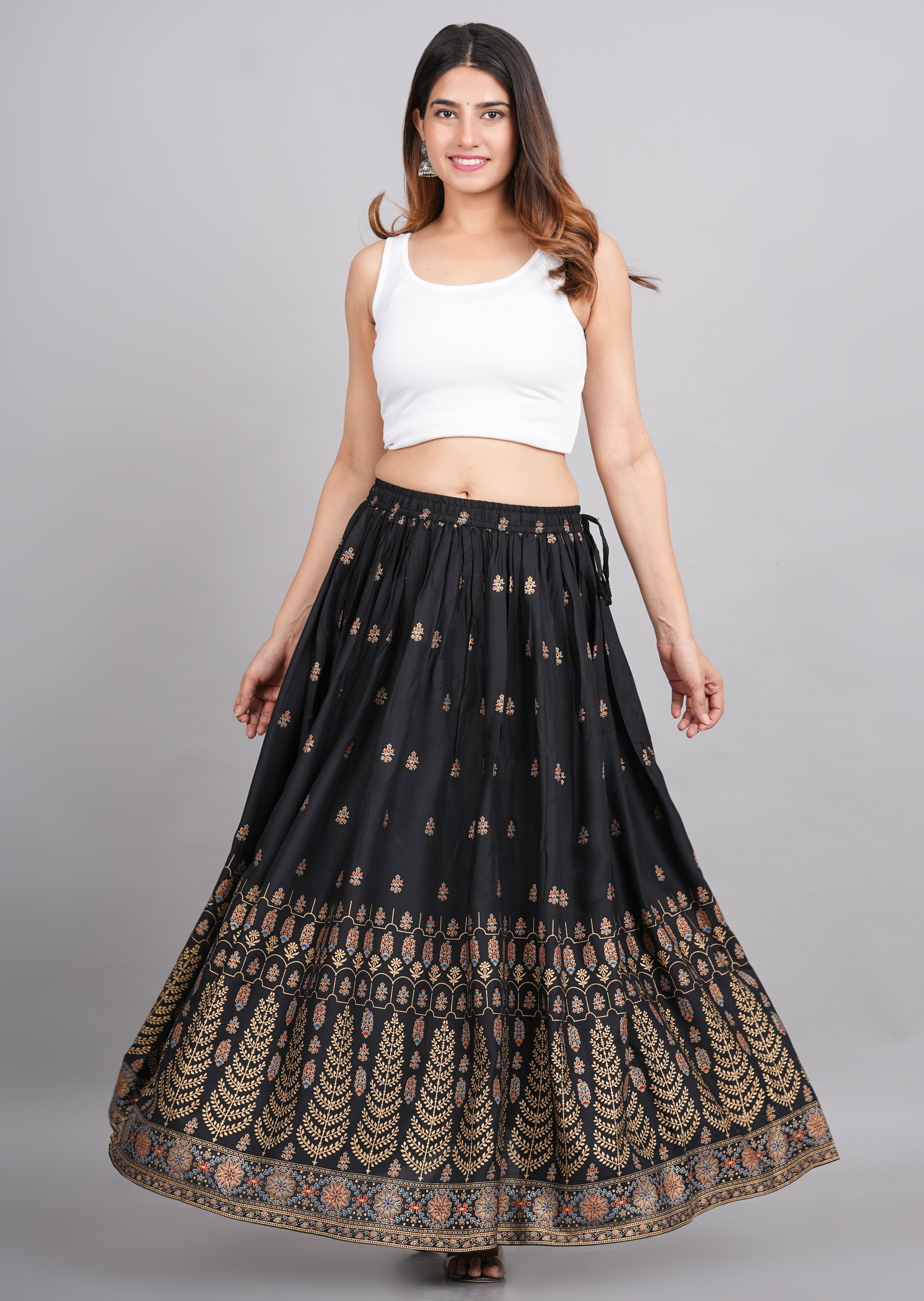 House of RP Women's Black & Golden Rayon Ethnic Printed Circular Skirt