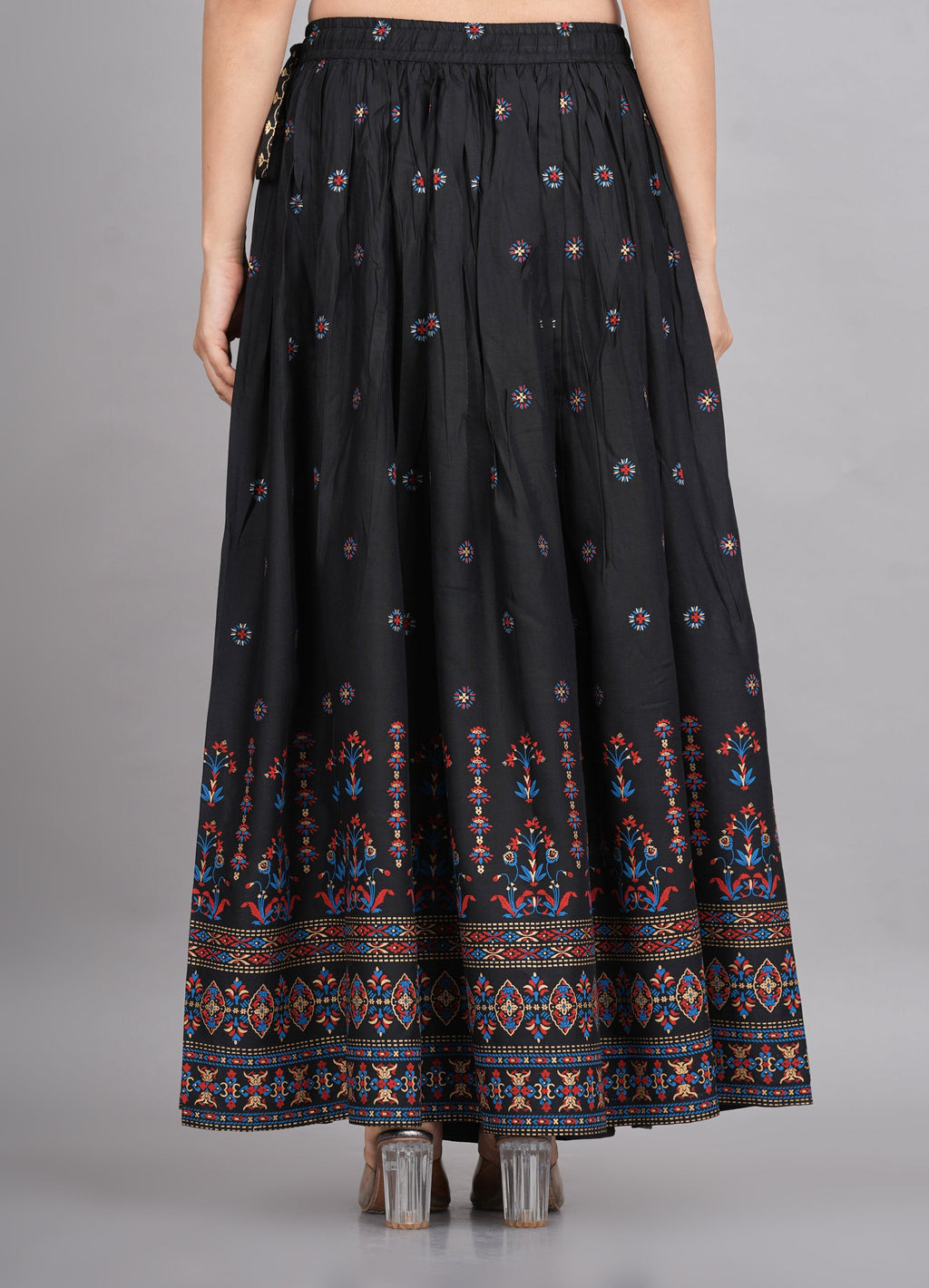 House of RP Women's Black & Pink Rayon Ethnic Printed Circular Skirt
