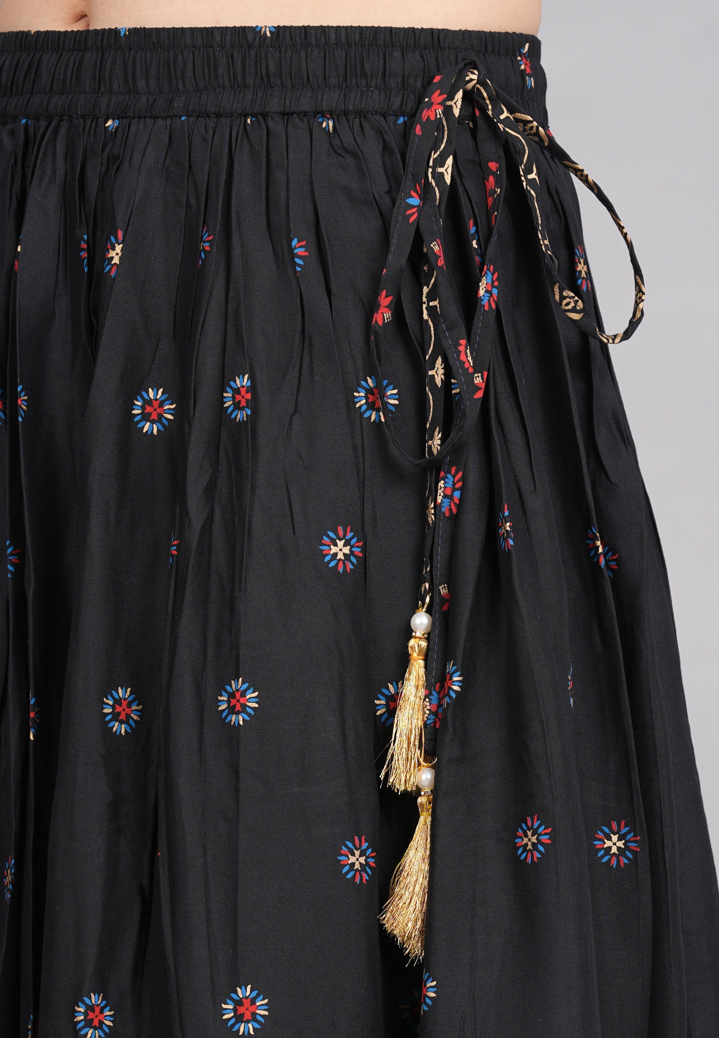 House of RP Women's Black & Pink Rayon Ethnic Printed Circular Skirt