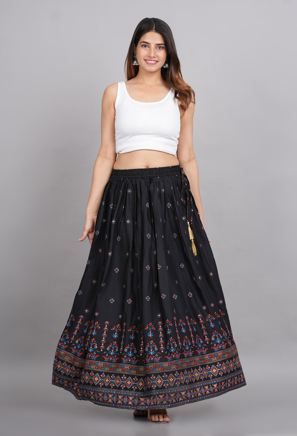 House of RP Women's Black & Pink Rayon Ethnic Printed Circular Skirt