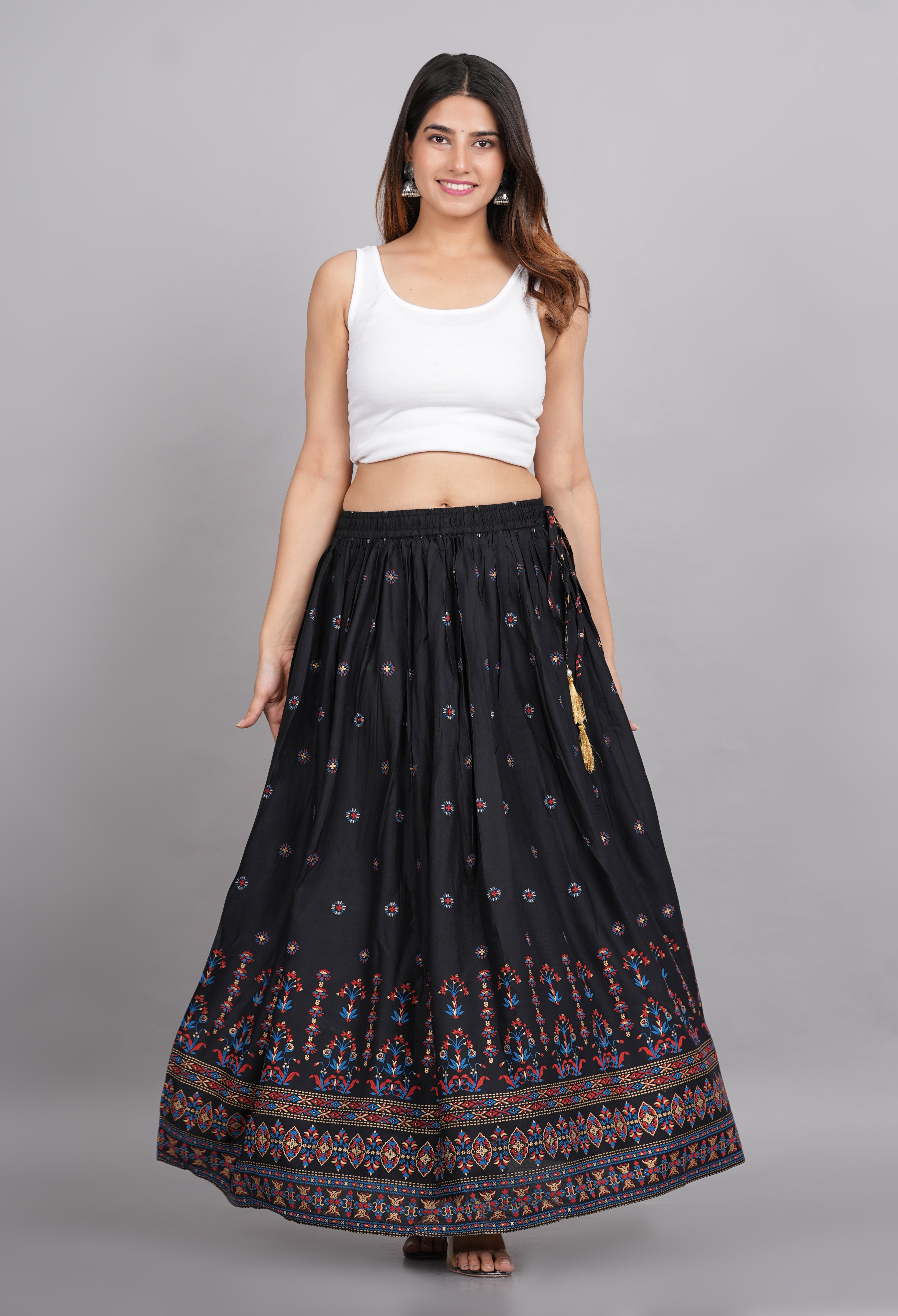 House of RP Women's Black & Pink Rayon Ethnic Printed Circular Skirt