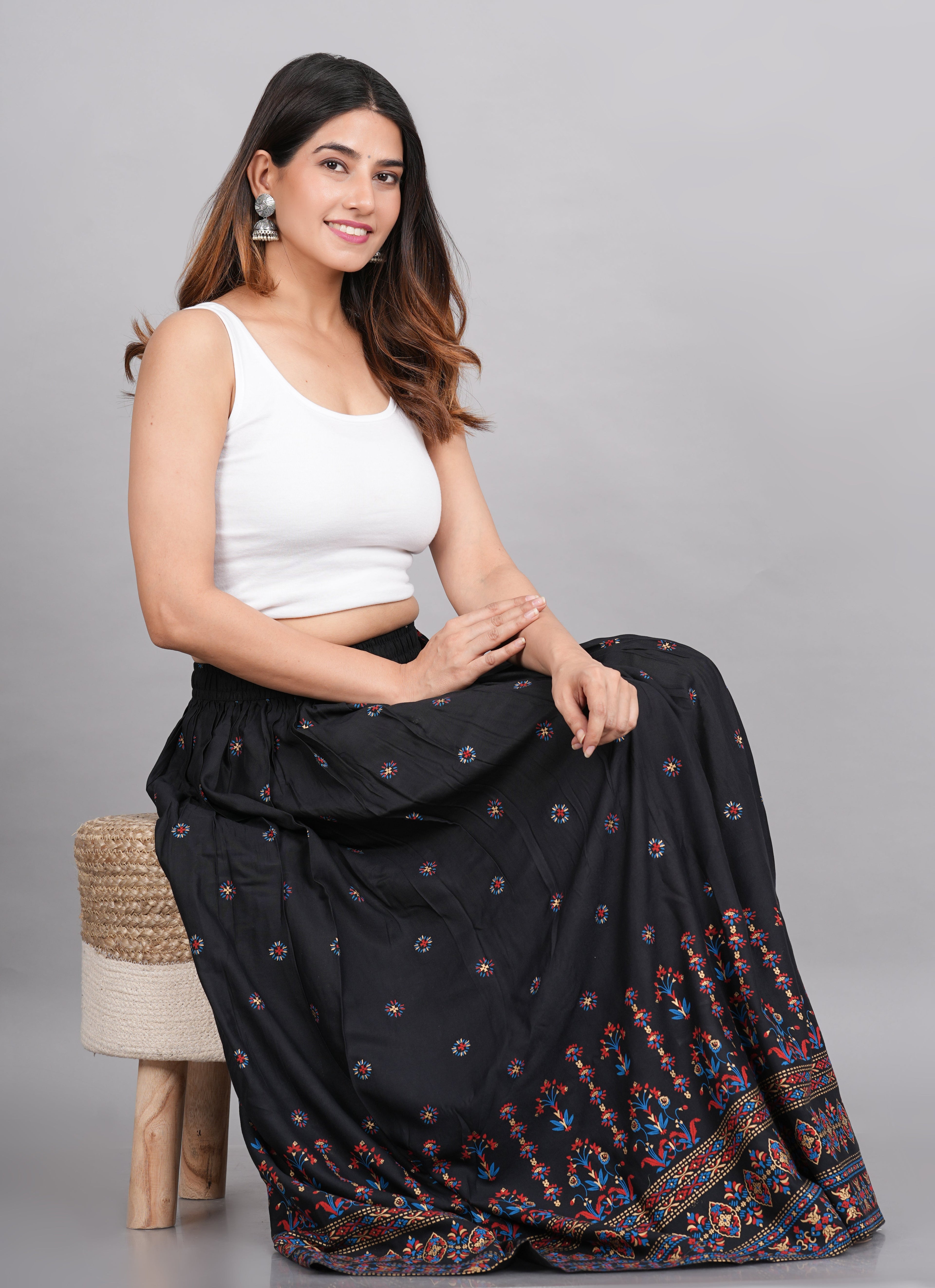 House of RP Women's Black & Pink Rayon Ethnic Printed Circular Skirt
