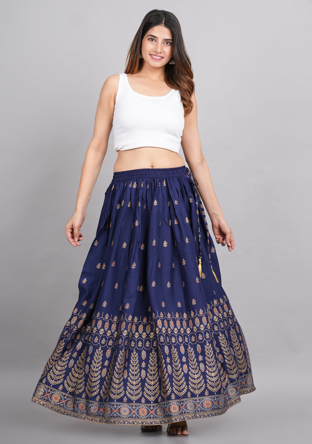 House of RP Women's Blue Rayon Ethnic Printed Circular Skirt