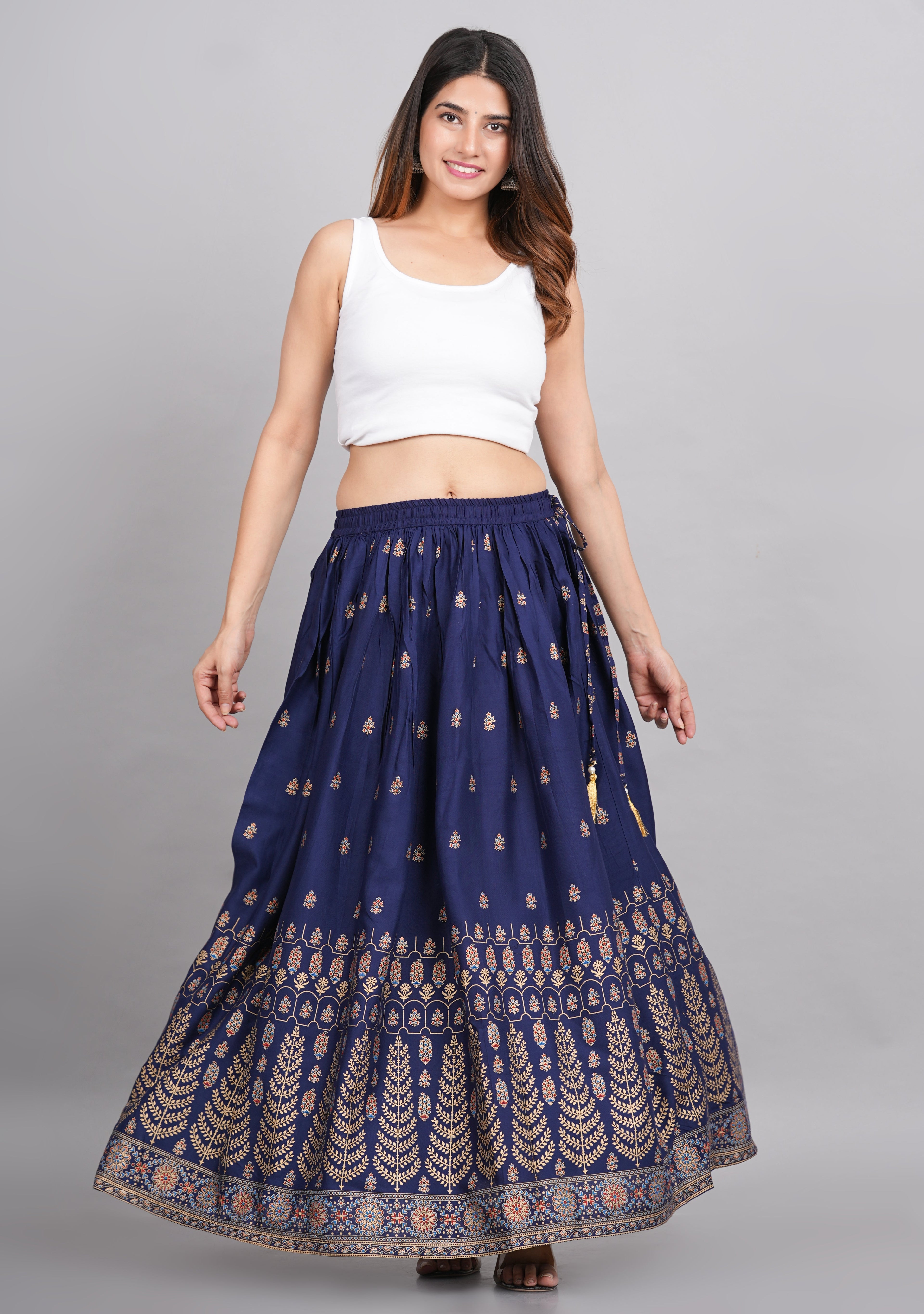 House of RP Women's Blue Rayon Ethnic Printed Circular Skirt