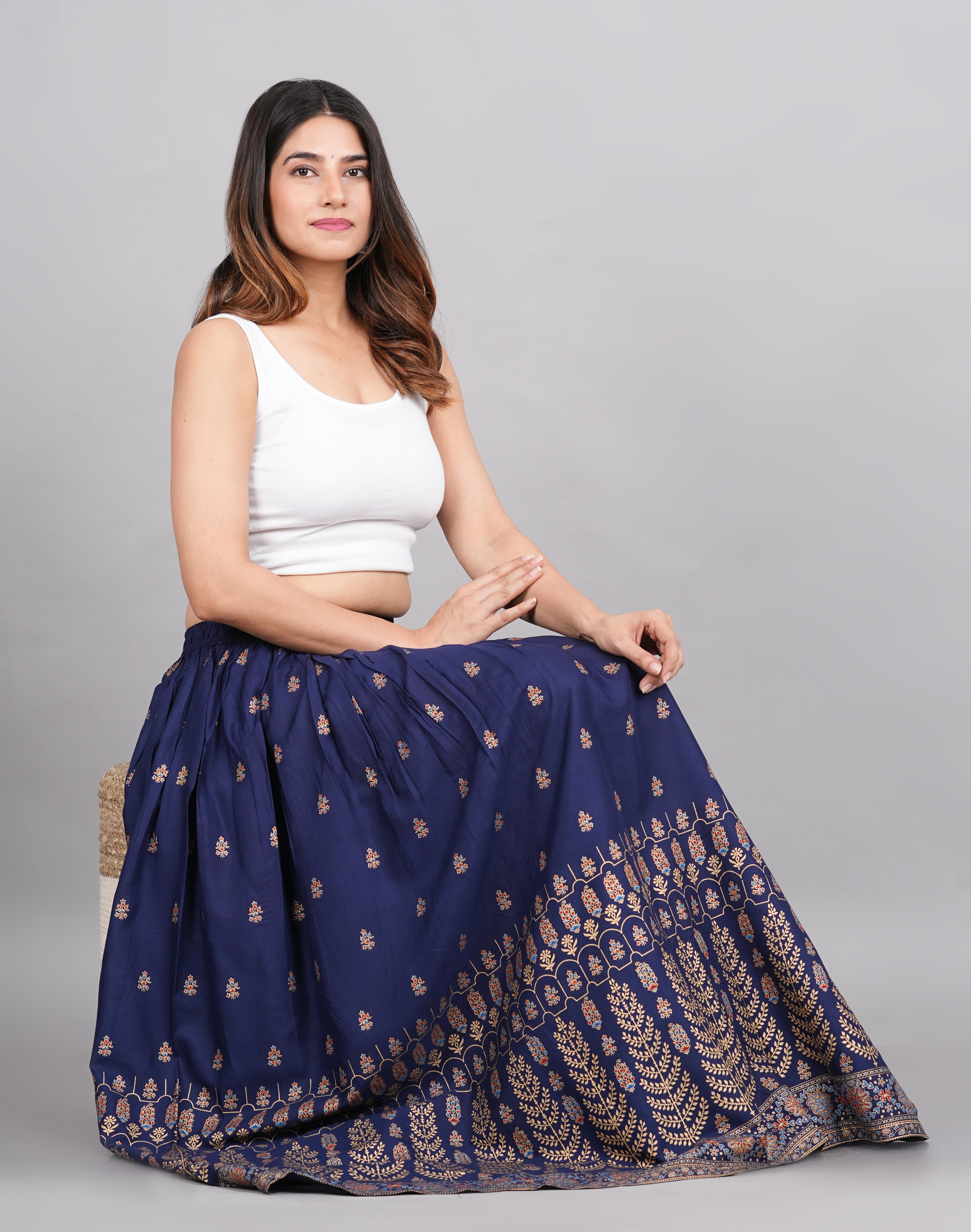 House of RP Women's Blue Rayon Ethnic Printed Circular Skirt