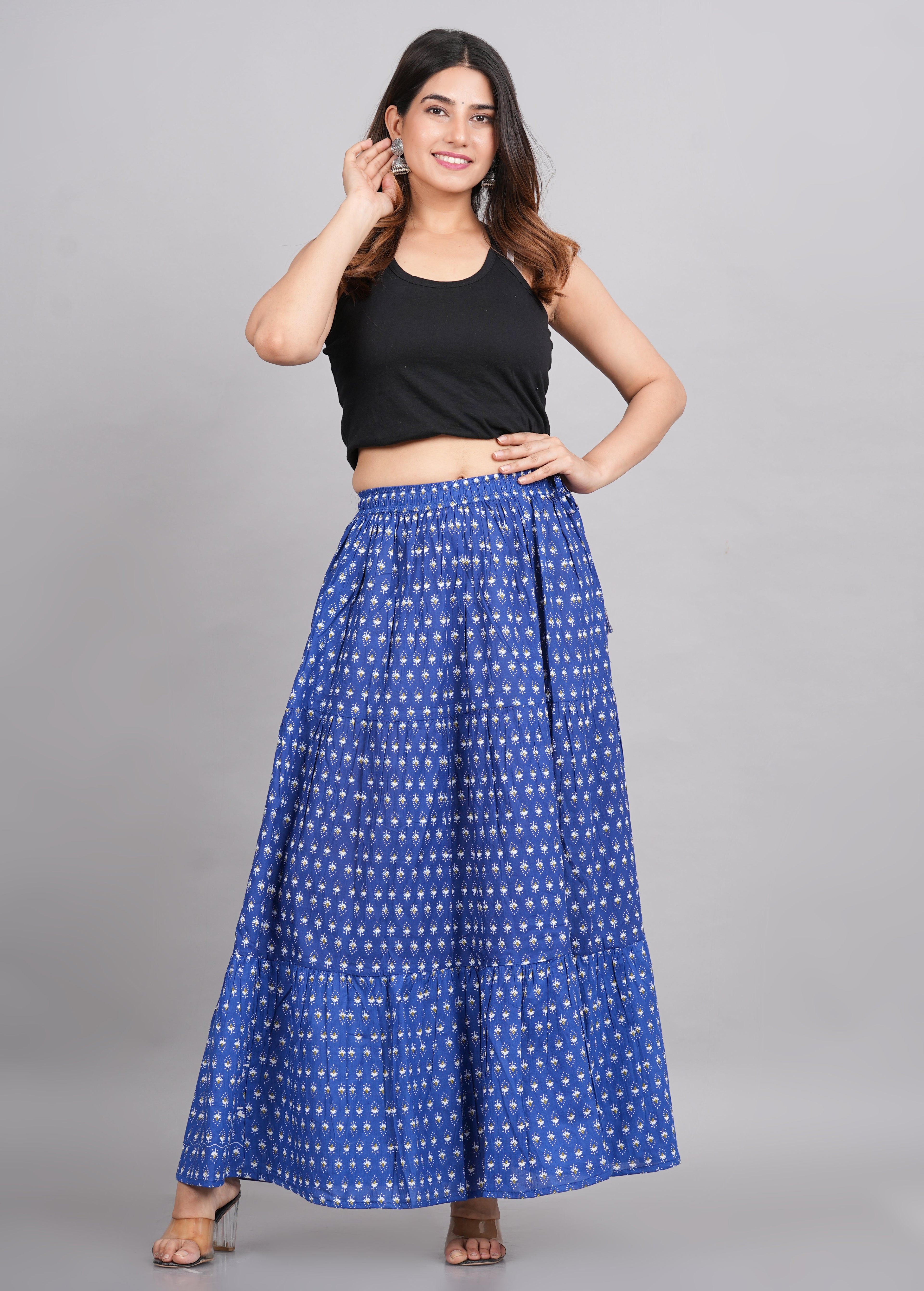 House of RP Women's Light Blue Rayon Ethnic Printed Circular Skirt
