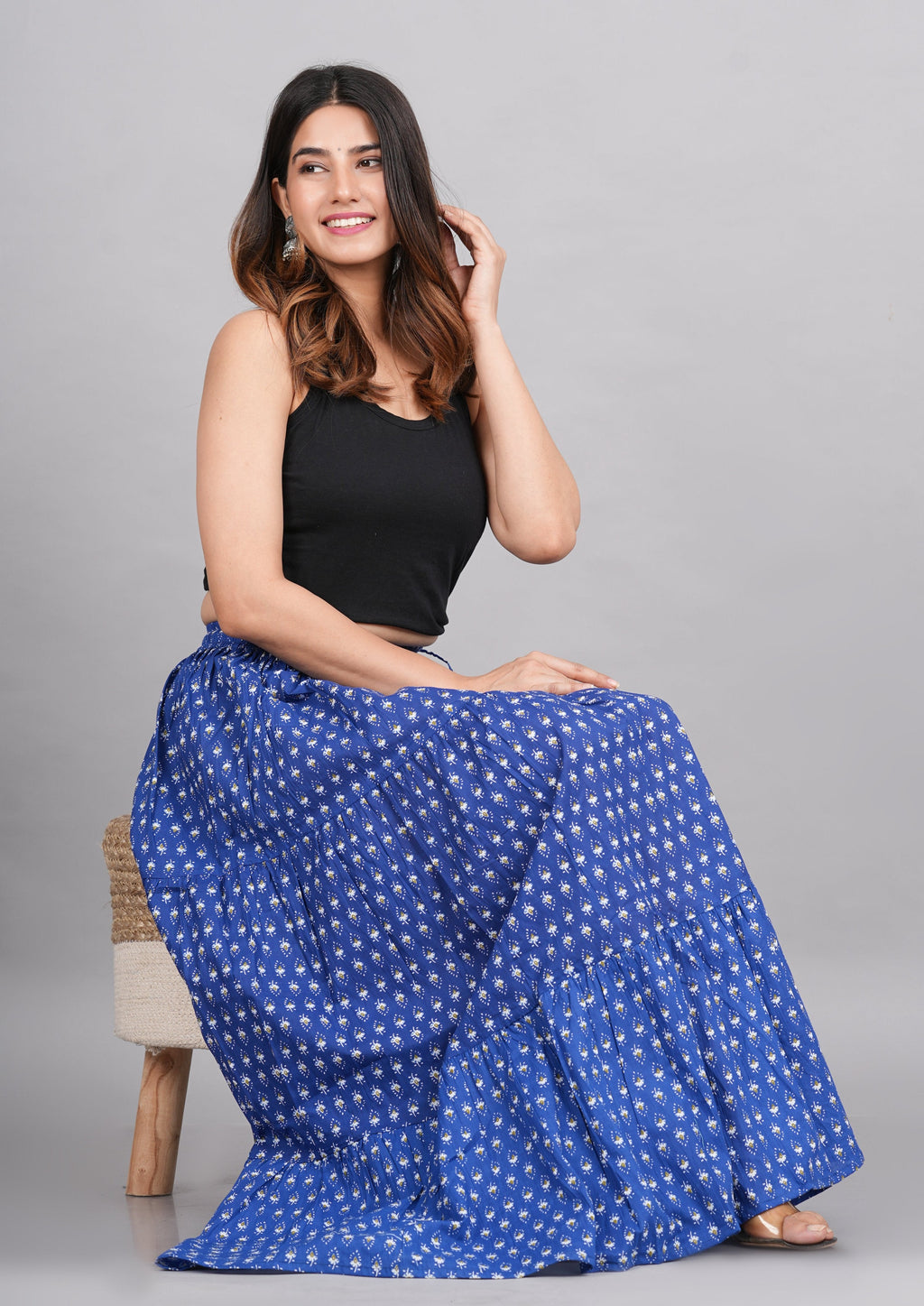House of RP Women's Light Blue Rayon Ethnic Printed Circular Skirt