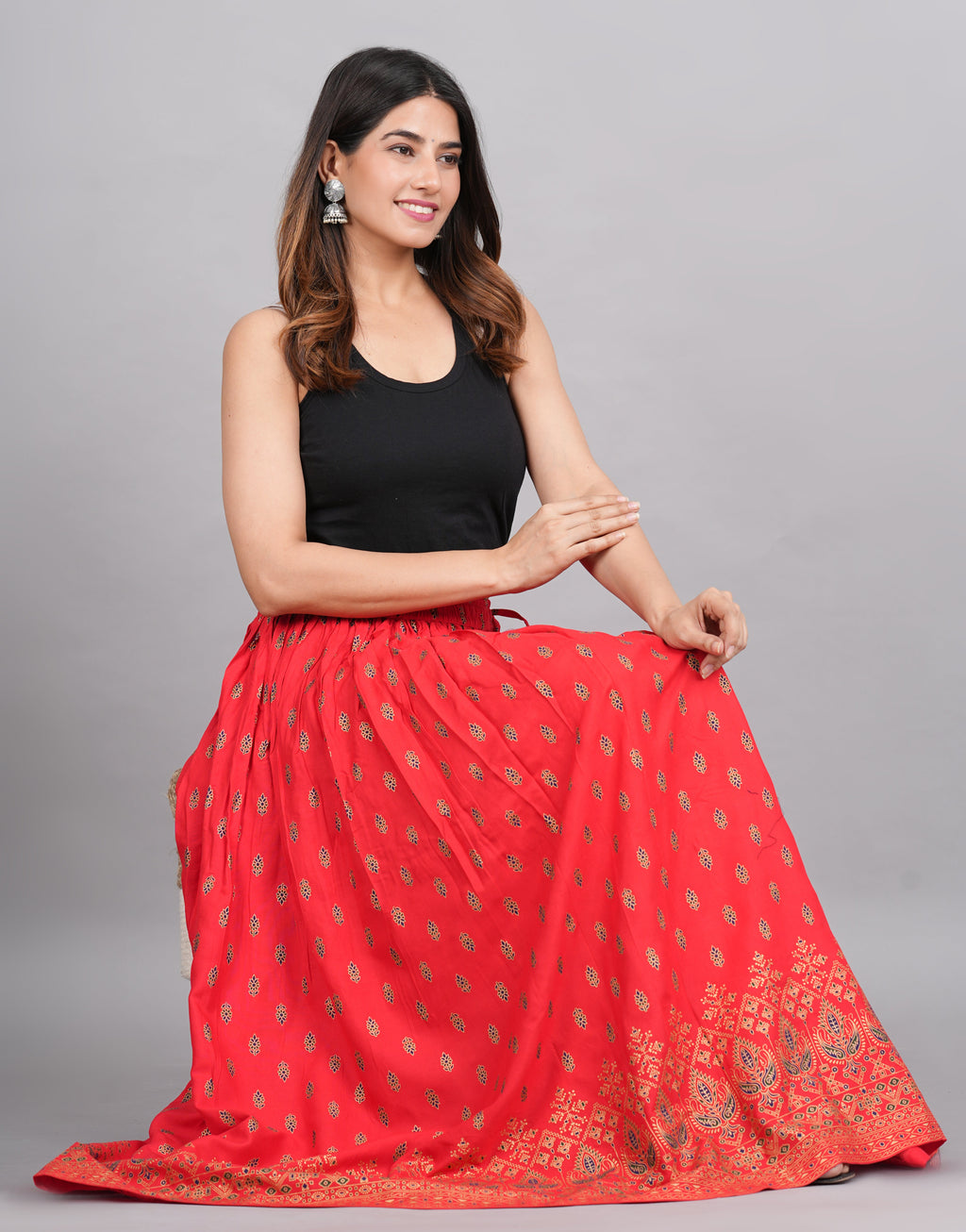House of RP Women's Red Rayon Ethnic Printed Circular Skirt