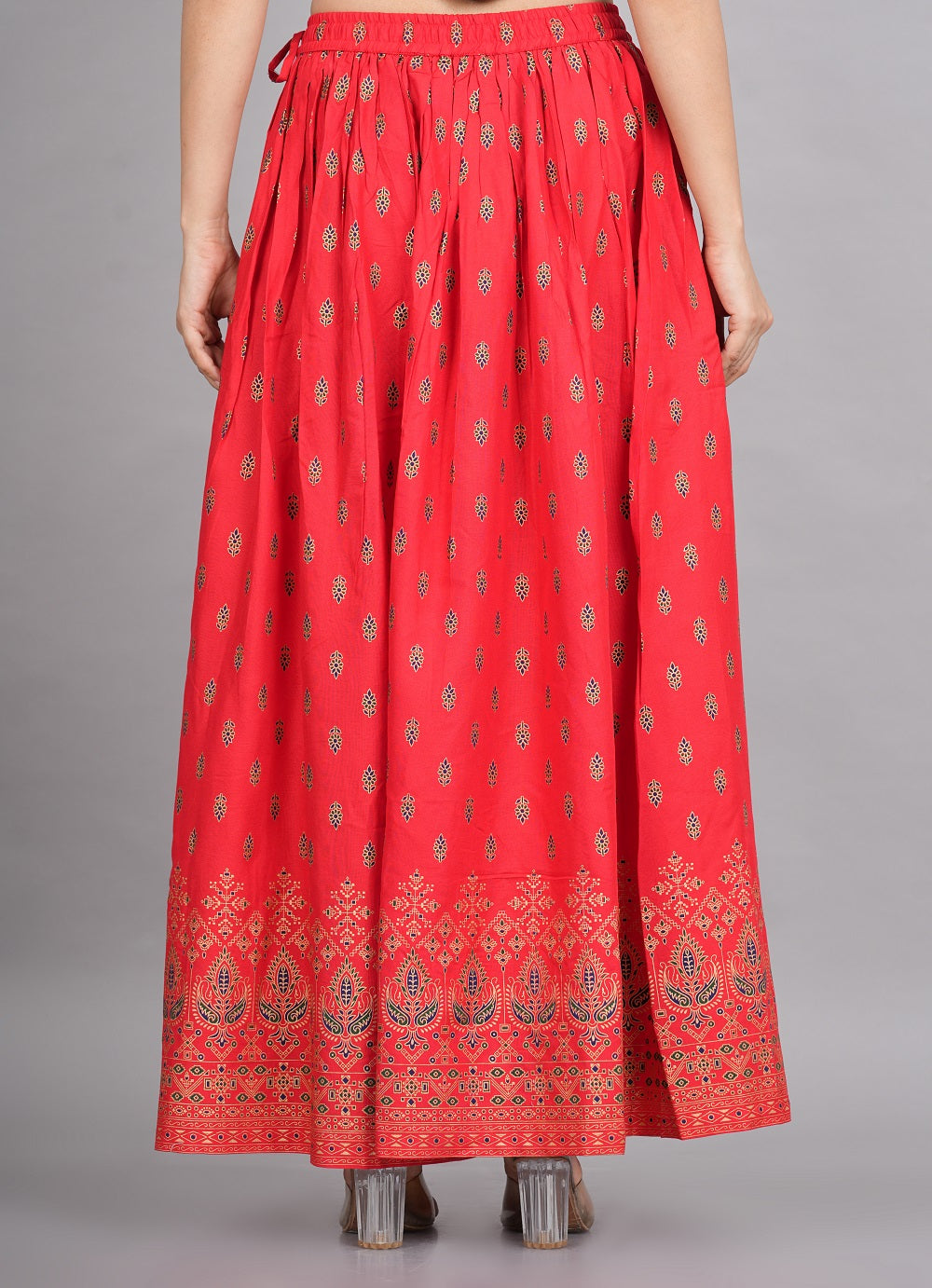 House of RP Women's Red Rayon Ethnic Printed Circular Skirt