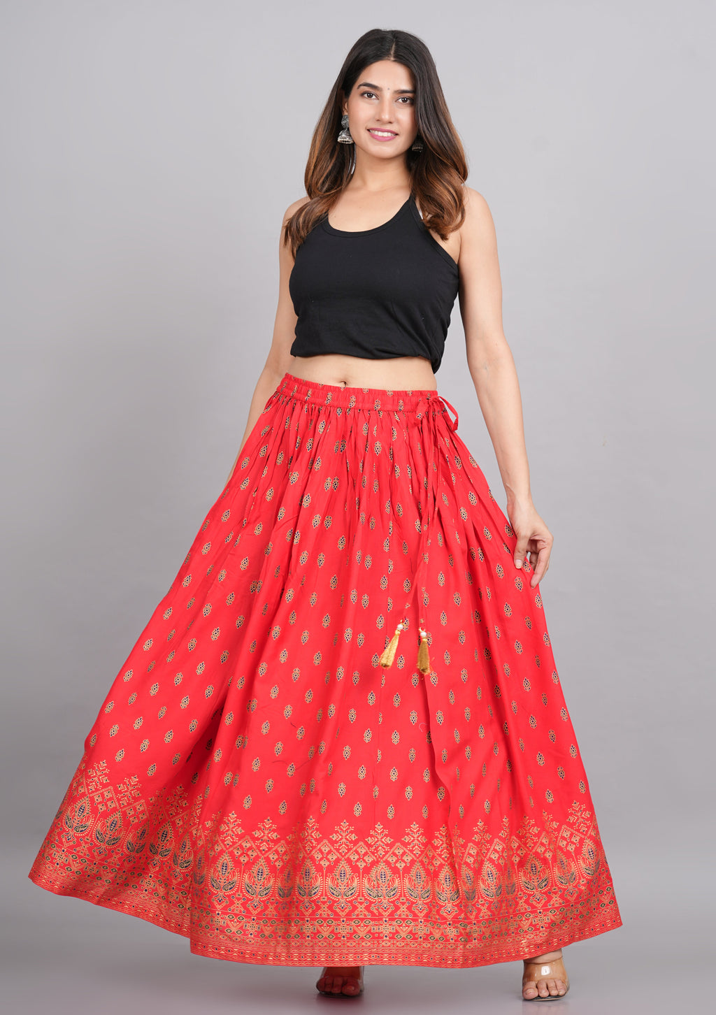 House of RP Women's Red Rayon Ethnic Printed Circular Skirt