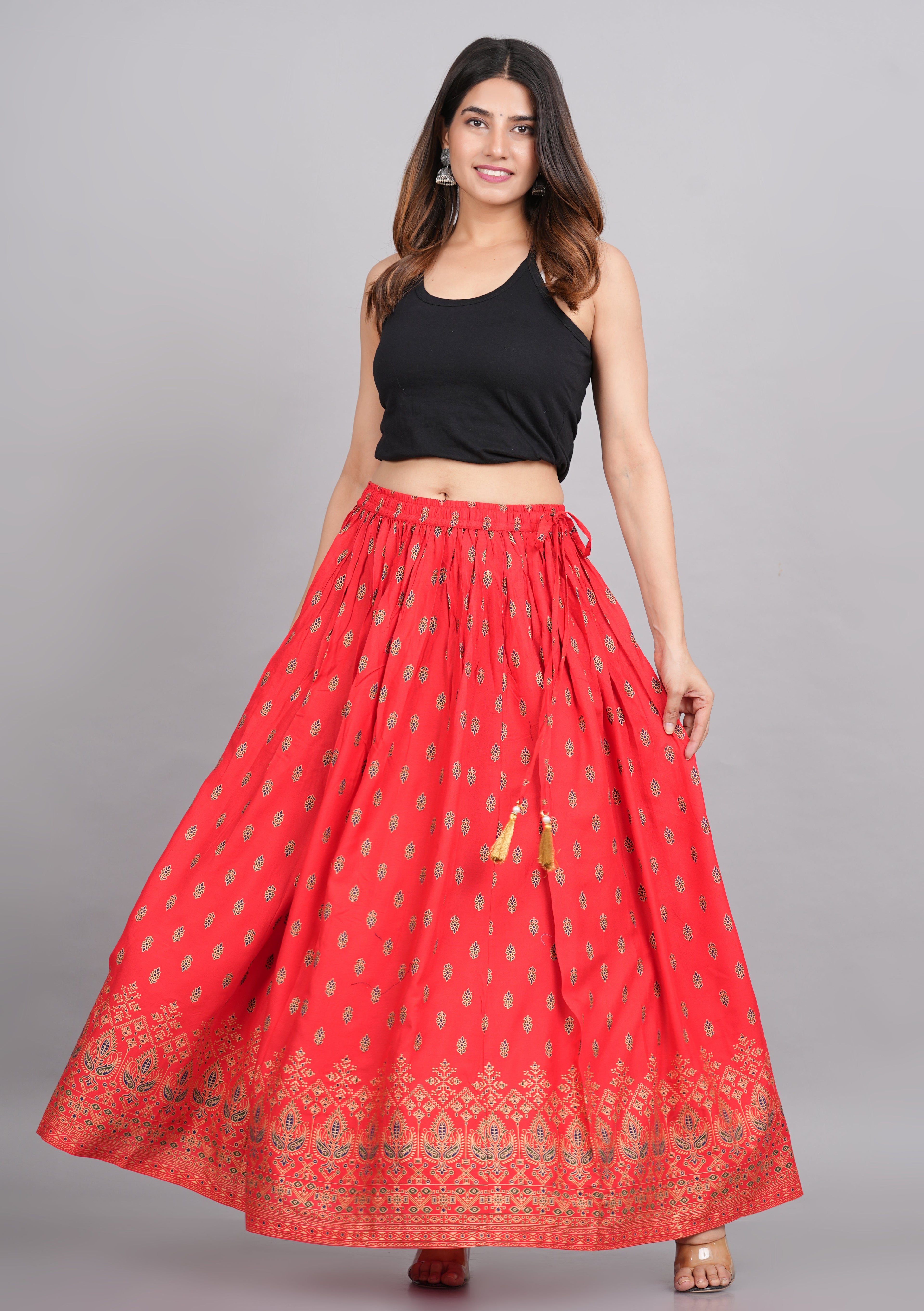 House of RP Women's Red Rayon Ethnic Printed Circular Skirt