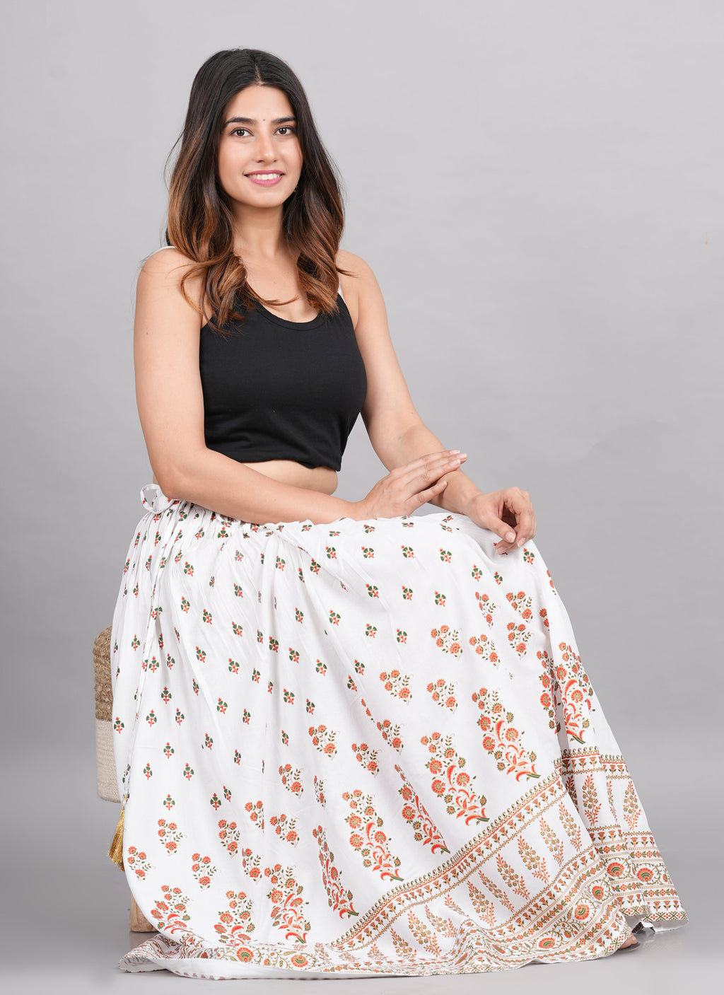 House of RP Women's White Rayon Ethnic Printed Circular Skirt