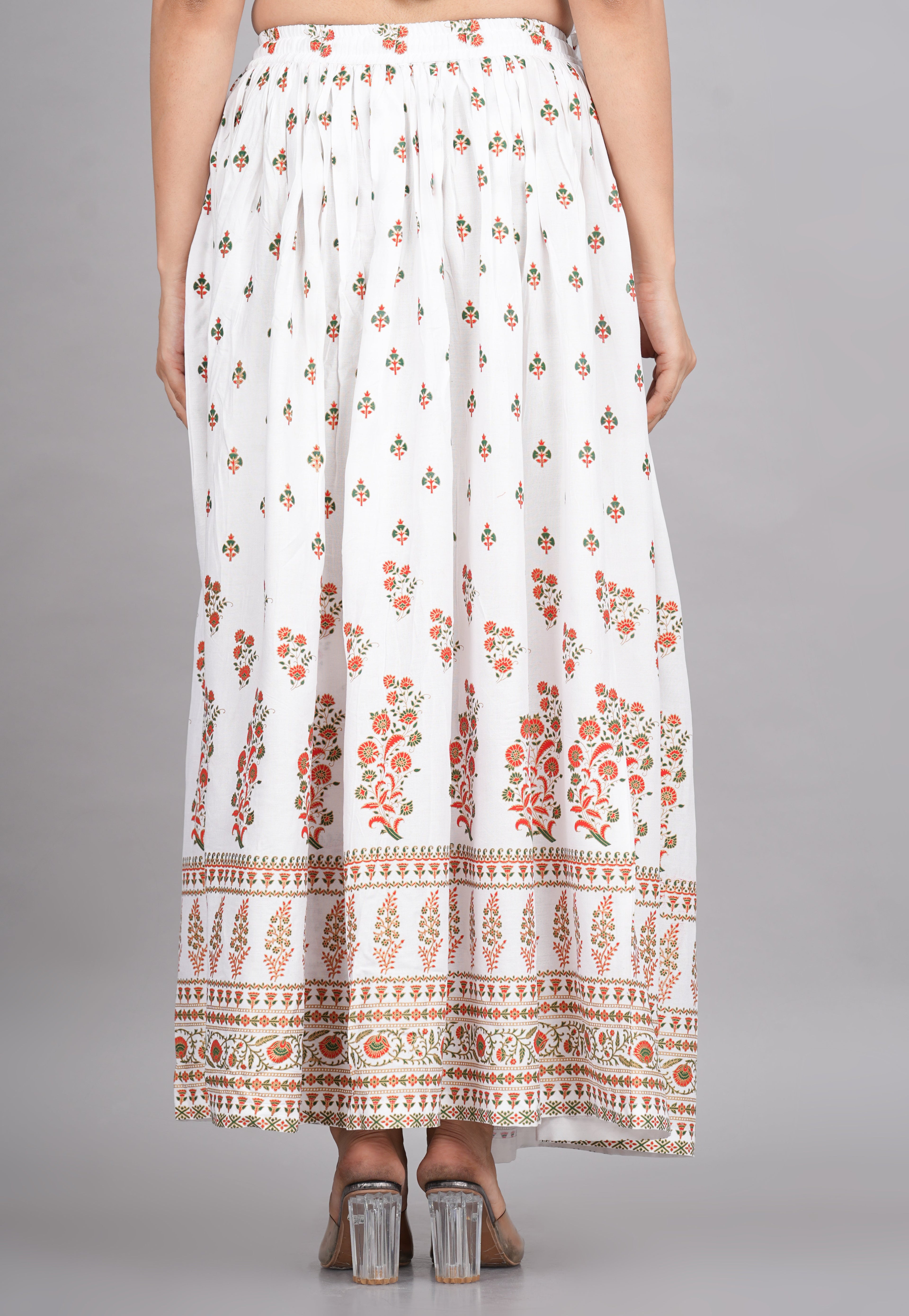 House of RP Women's White Rayon Ethnic Printed Circular Skirt