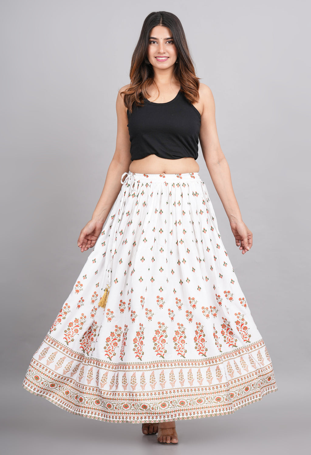 House of RP Women's White Rayon Ethnic Printed Circular Skirt