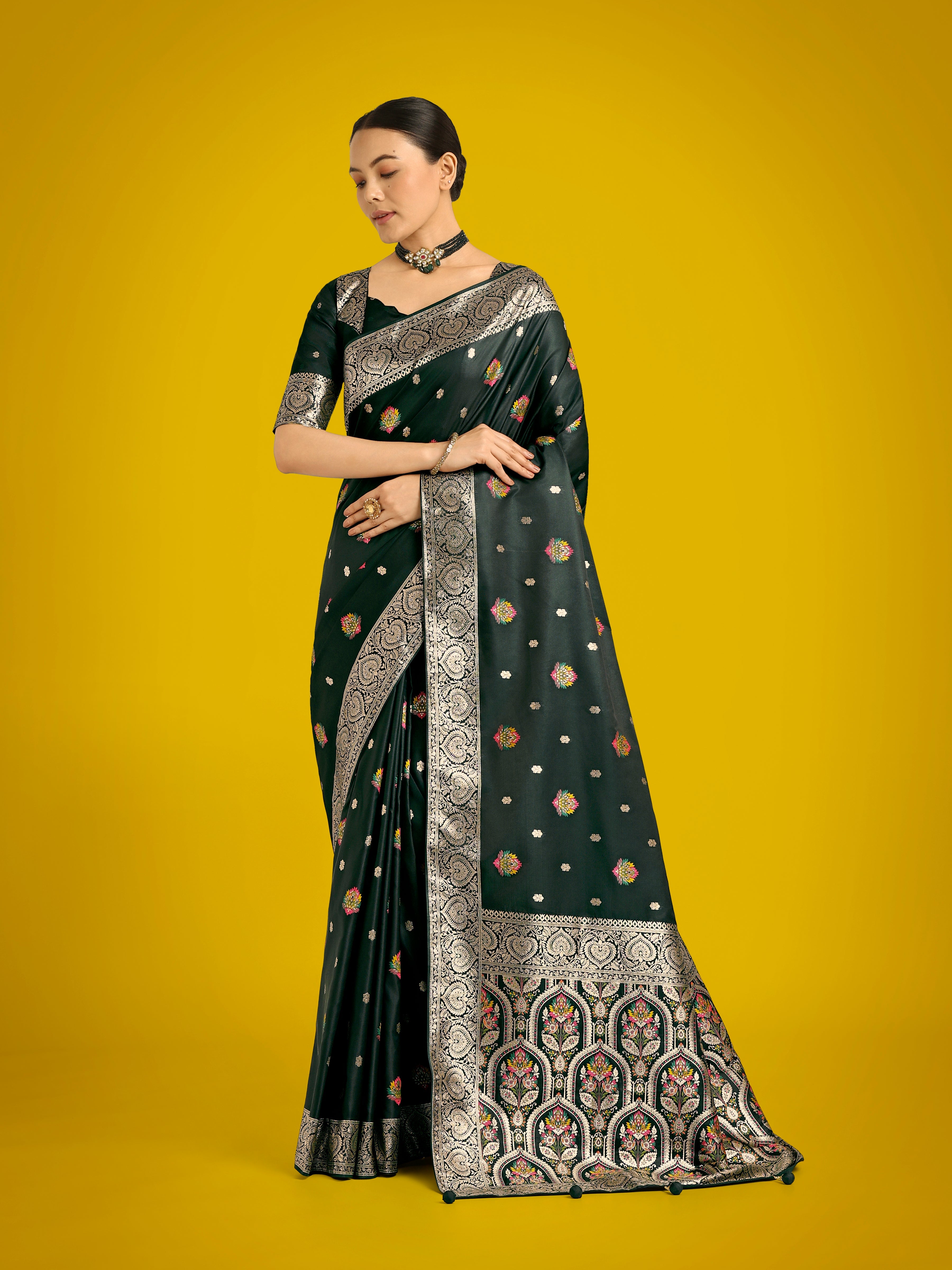 Monjolika Fashion Dark Green Charming Soft Banarasi Zari Woven Designer Satin Silk Saree With Lovely Blouse Piece