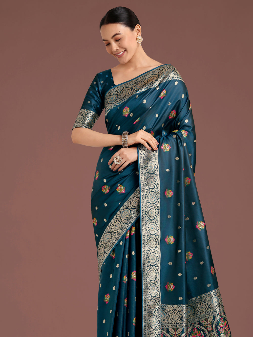 Monjolika Fashion Teal Charming Soft Banarasi Zari Woven Designer Satin Silk Saree With Lovely Blouse Piece