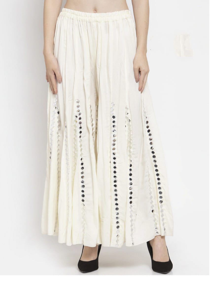 PAVONINE Cream Color Mirror Embroidery Work Gharara