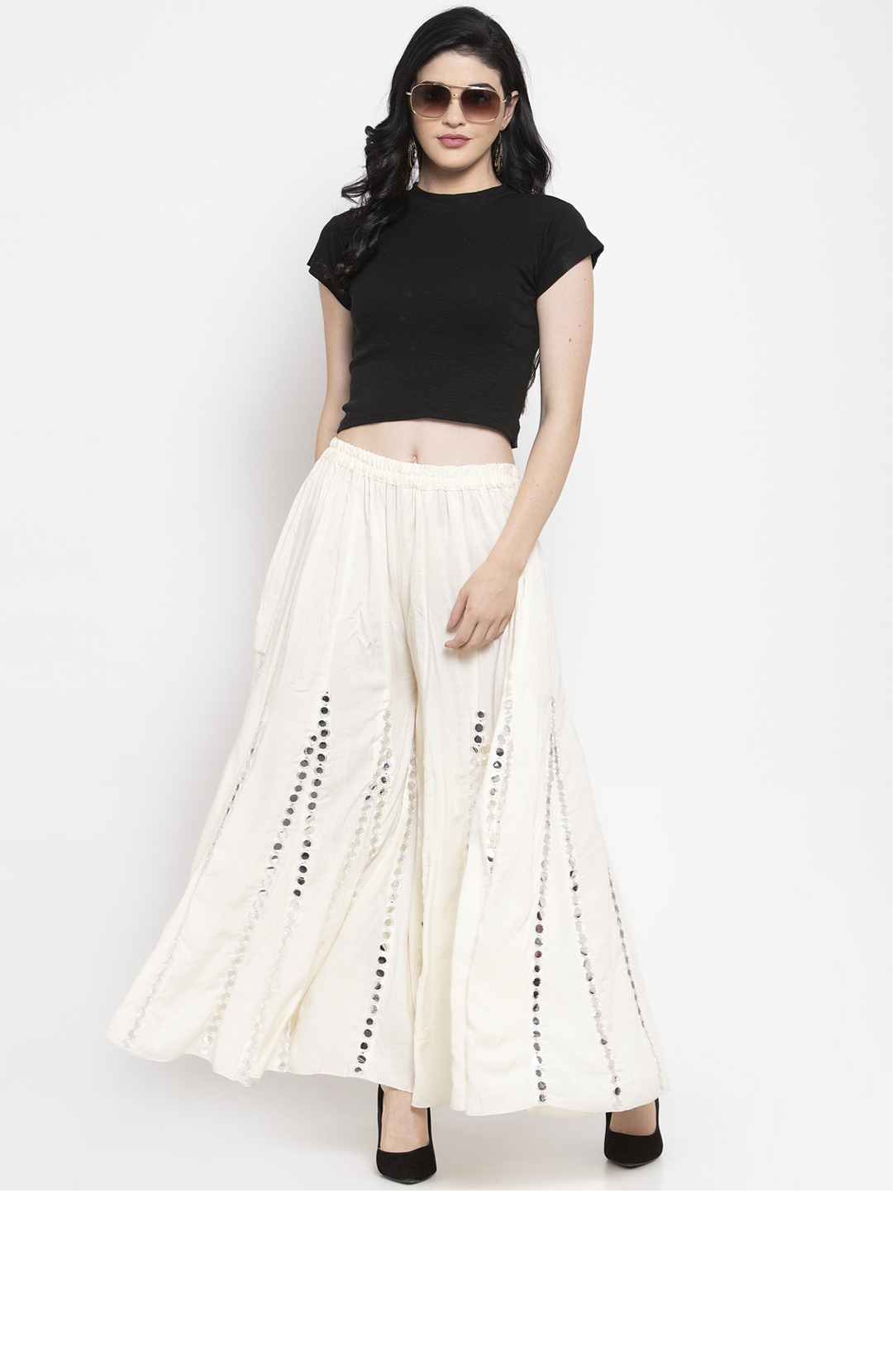 PAVONINE Cream Color Mirror Embroidery Work Gharara