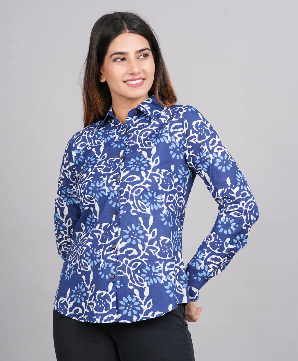 House of RP Women's Blue Cotton Floral Printed Casual Shirt