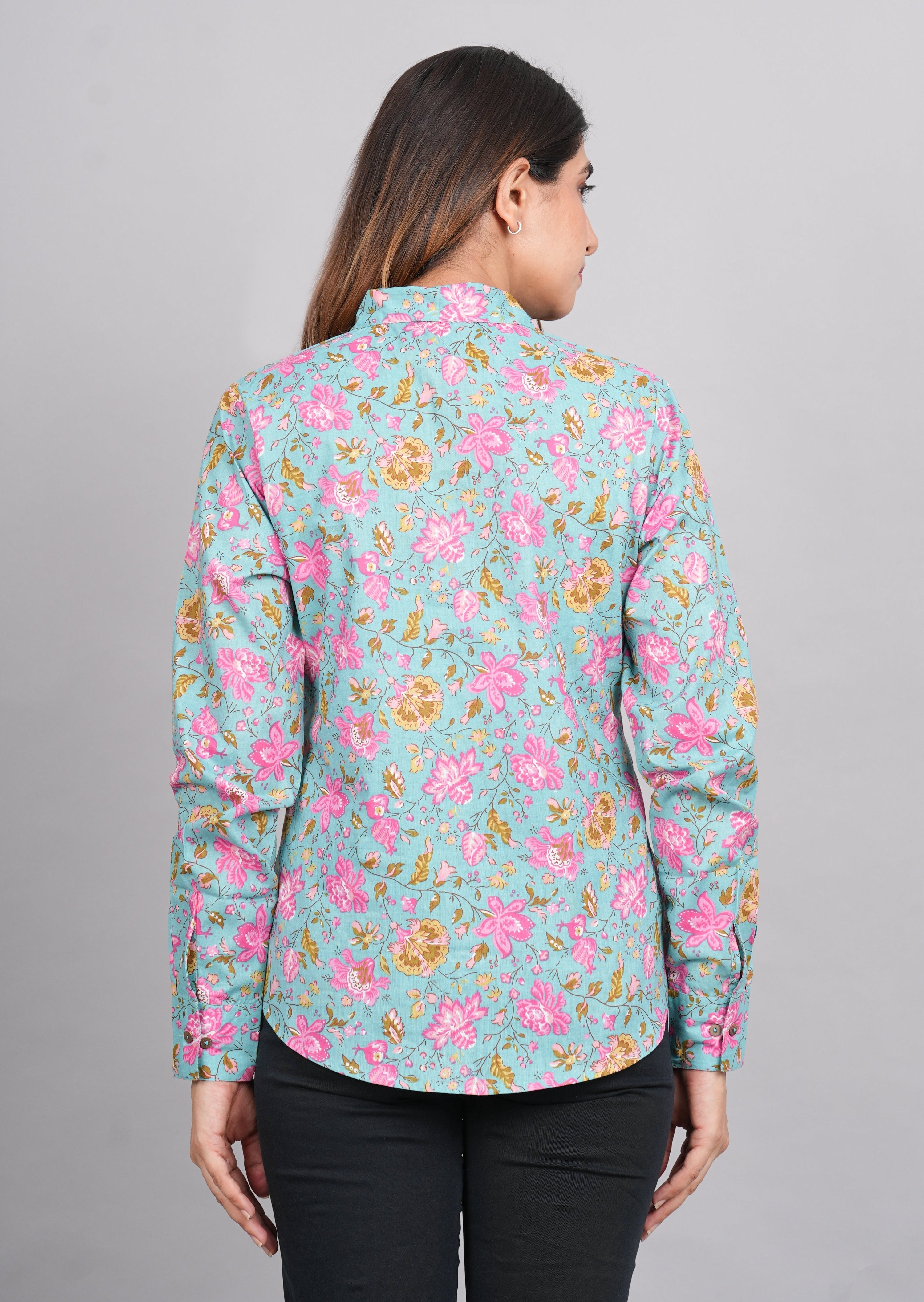 House of RP Women's Green Cotton Floral Printed Casual Shirt