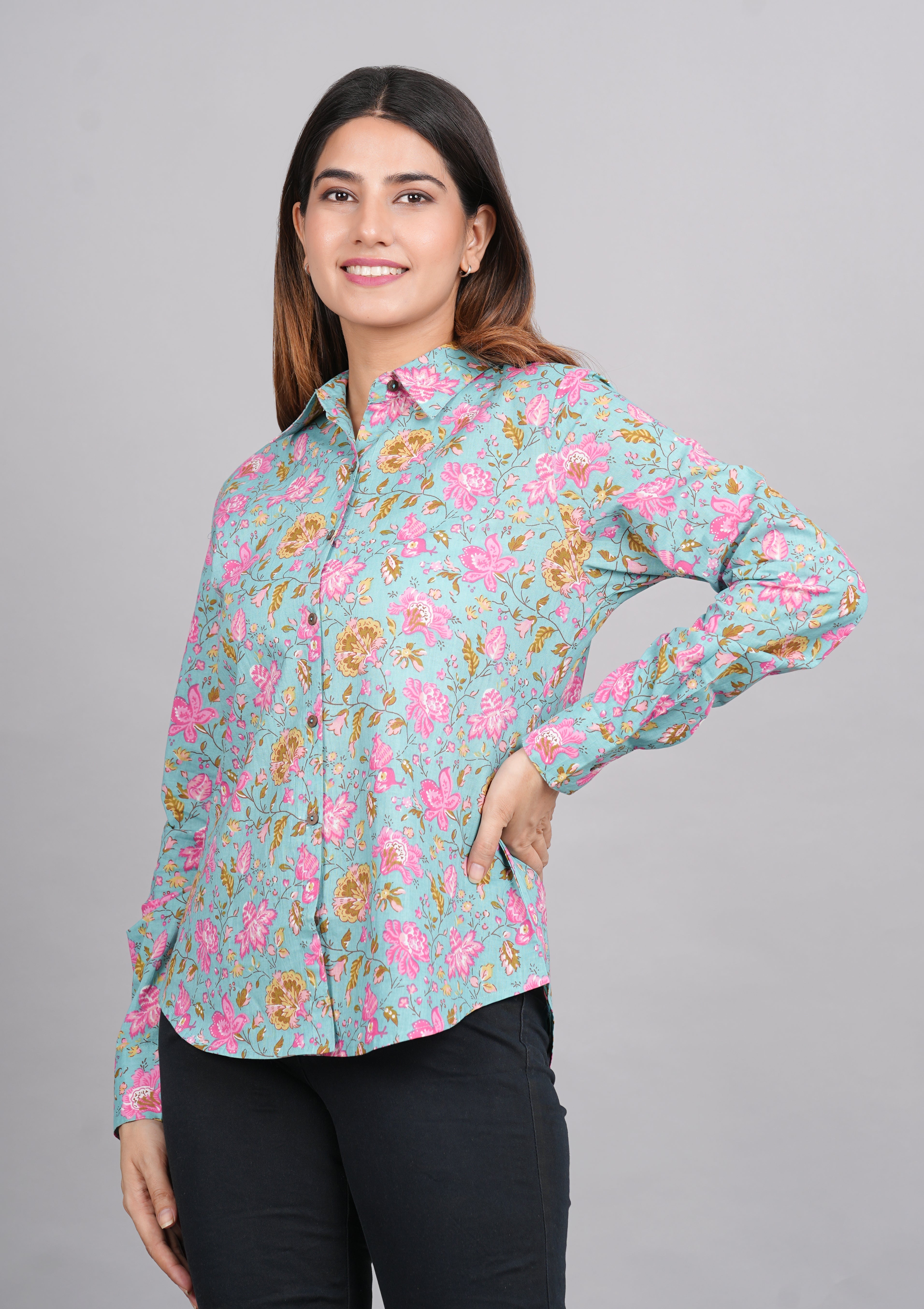 House of RP Women's Green Cotton Floral Printed Casual Shirt